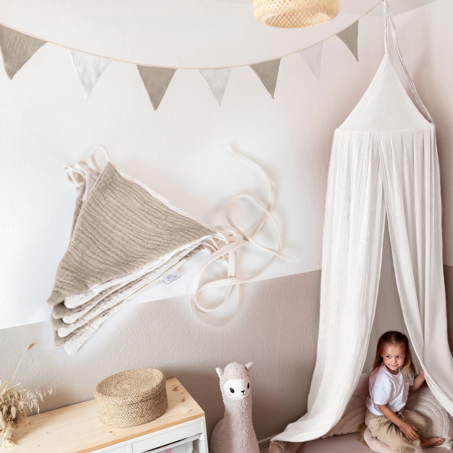 LILIMAUS Vlaggenlijn stof kinderkamer - stoffen slinger van mousseline katoen - 300 cm - lichtbeige en wit