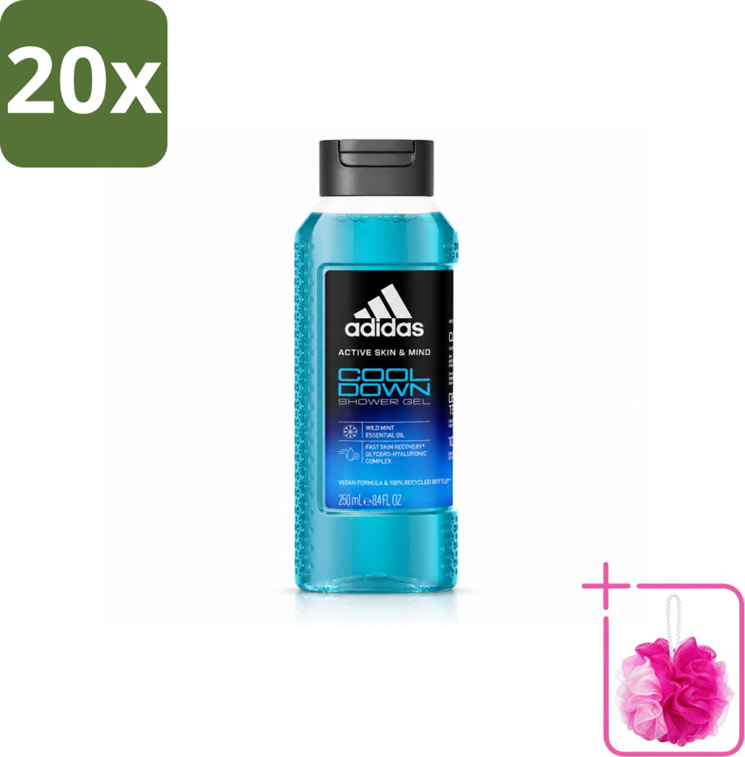 20 x Adidas – Douchegel – Active Skin & Mind Cool Down – 250 ml - Bulkverpakking - Douchegel - Douchemop - Verkoeling