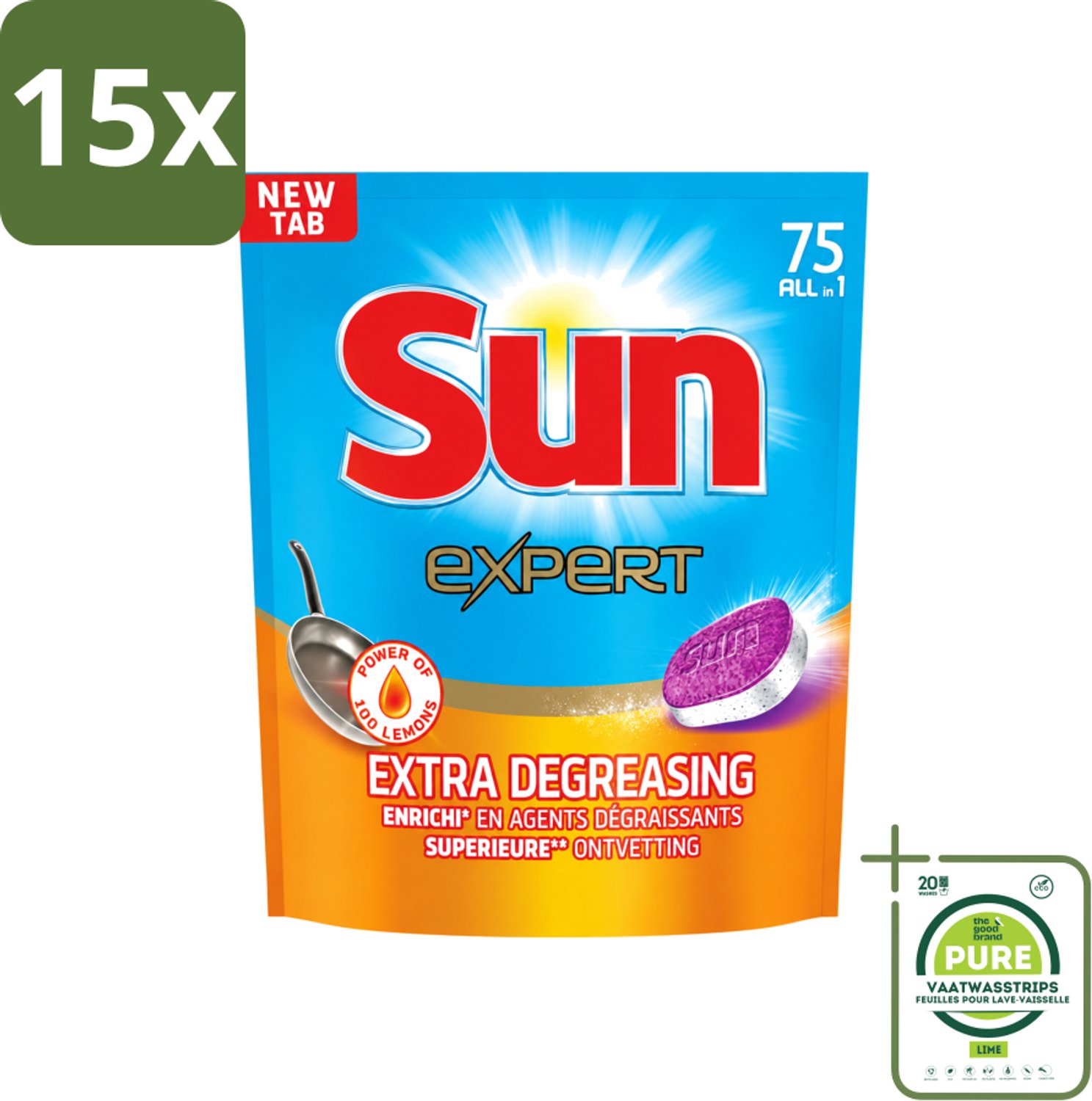 15 x Sun Expert - All-in-1 - Vaatwastabletten - Extra Ontvettend - 75 Tabletten - Grootverpakking - Vaatwasstrips - Vaatwastabletten - Vaatwasmiddel - Ontvetting - Vaatwasser - Vaat Reinigen