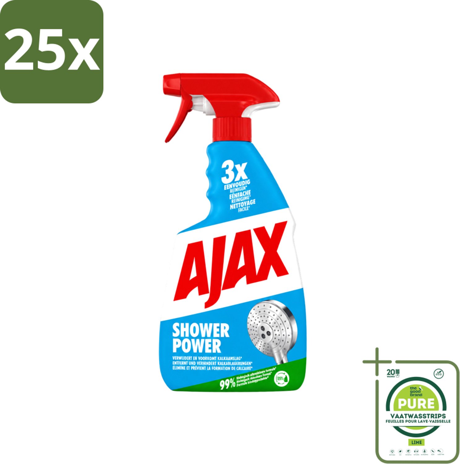 25 x Ajax – Spray – Shower Power – 750 ml - Grootverpakking - Vaatwasstrips - Badkamer Reinigen - Kalkaanslag Verwijderen - Zeepresten Verwijderen - Douche Reinigen - Badkamer Schoon Houden