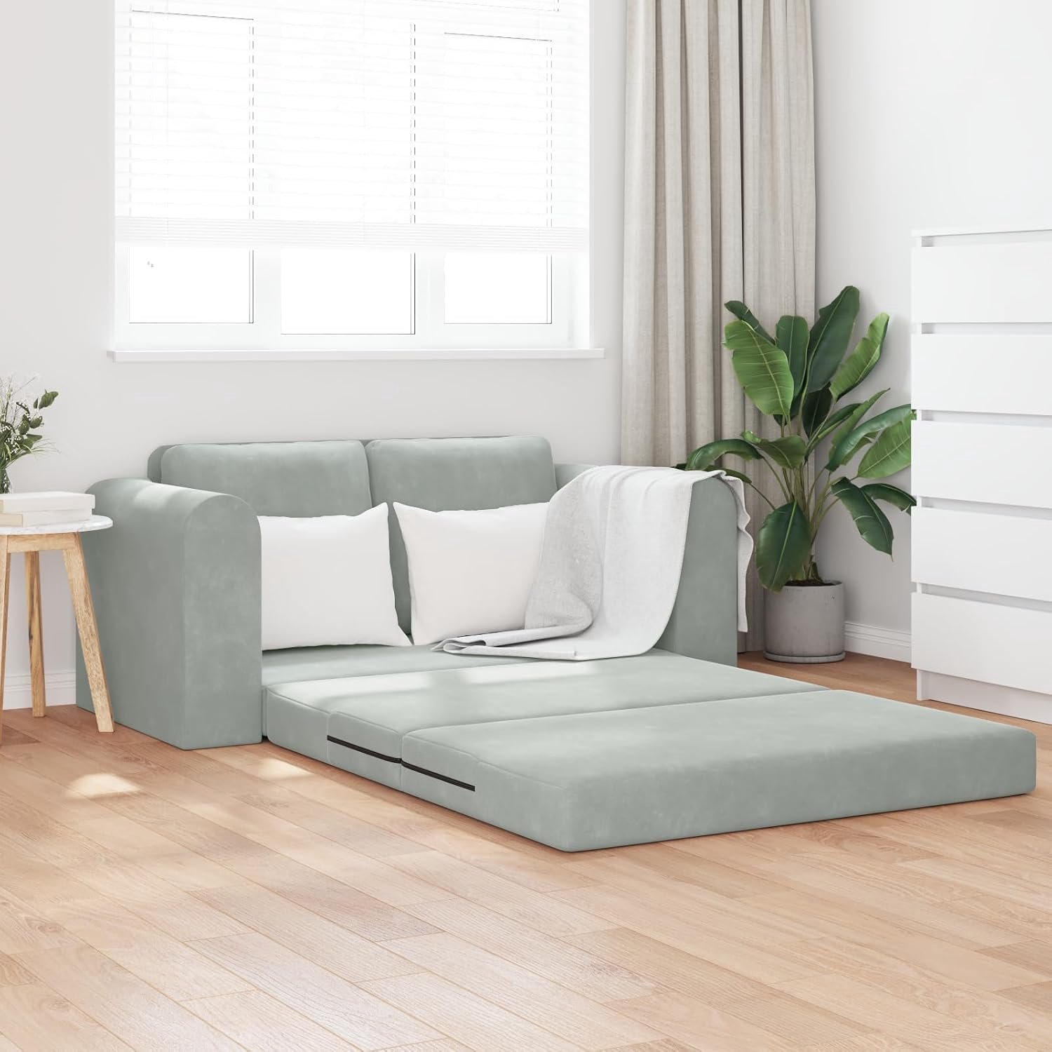 Bed, 2-in-1 lichtgrijs, 148 x 71 x 83 cm, velours, houten frame, bekleding, woonkamer, meubels, comfort, ontspanning