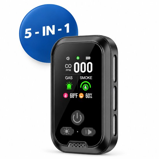 Heuts Goods – Rookmelder 5 in 1 - Koolmonoxidemelders - Rookmelder en Koolmonoxidemelder – Gasmelder - In stopcontact - Plug & Play - Makkelijk meeneembaar - Zwart