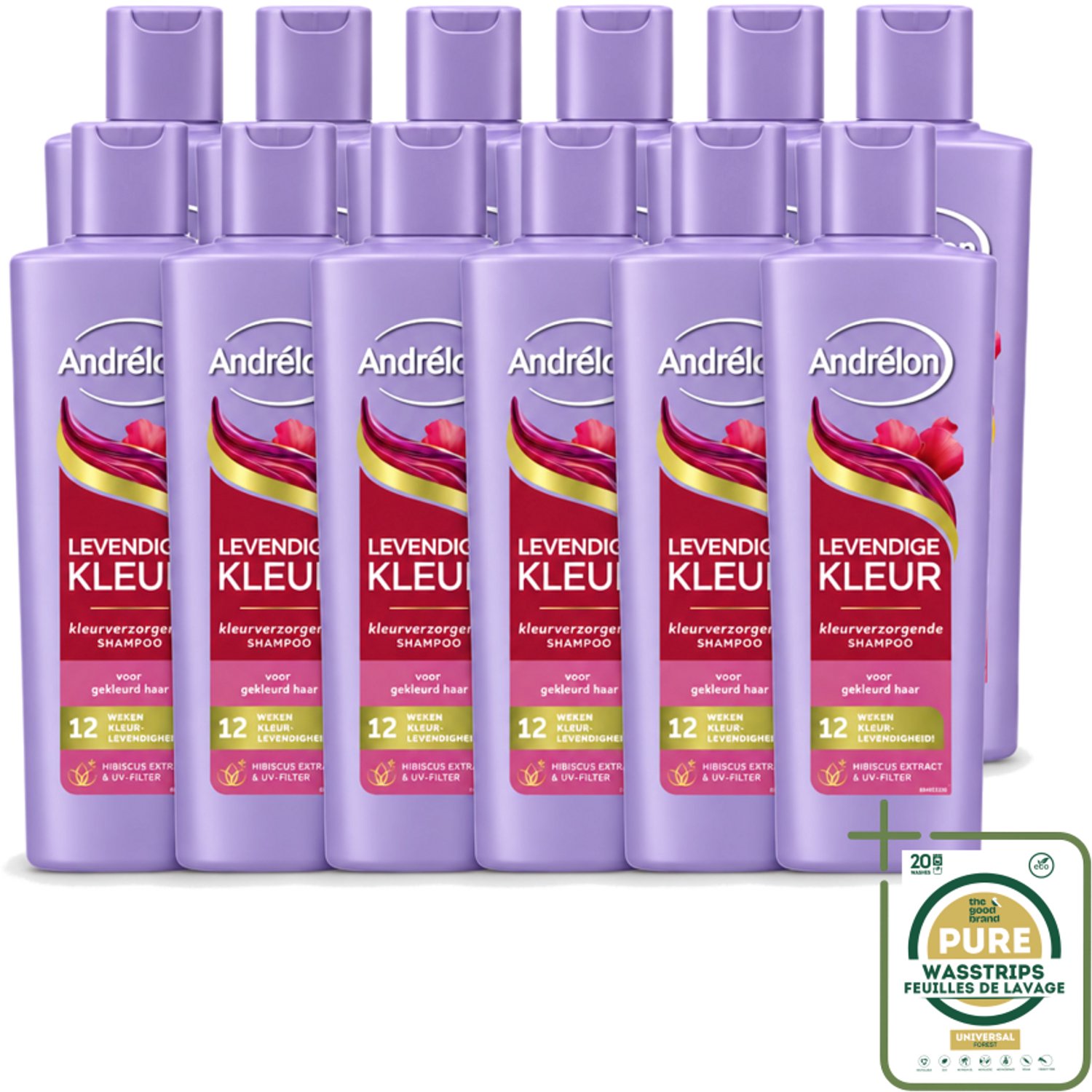 12 x Andrélon – Shampoo – Levendige Kleur – 250 ml - Wasstrips - Kleurbehoud Haar - Haarverzorging - Haarkleur Beschermen - UV-filter Haar - Hibiscus-extract Haar