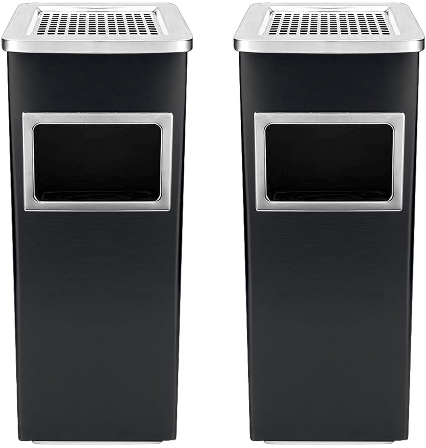 Set van 2 staande asbak met geïntegreerde afvalemmer, roestvrij staal, 60 cm hoogte, 12 capaciteit, afneembare container voor hotel, tuin, buiten, supermarkt (zwart, vierkant (35 liter), 2
