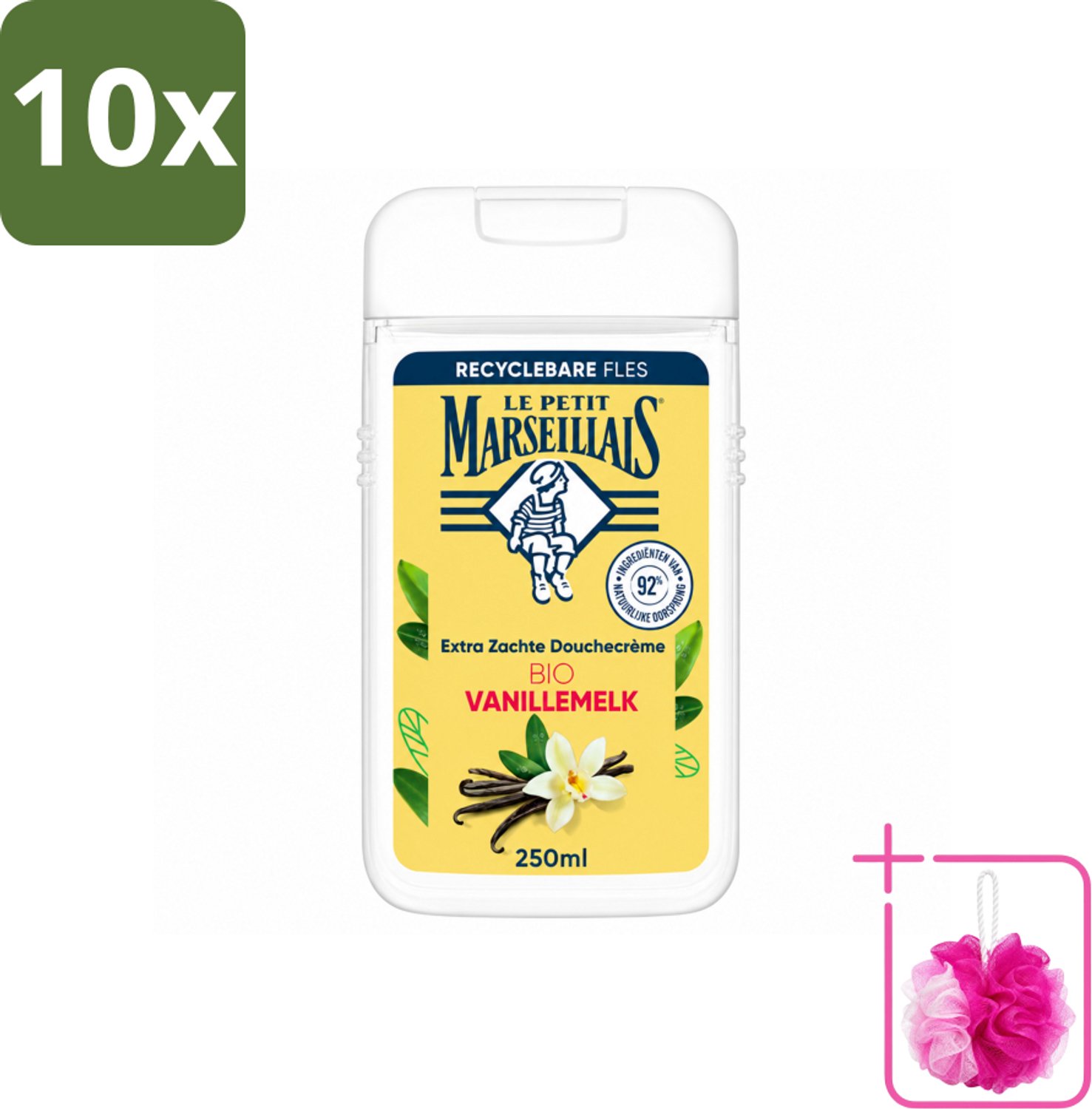 10 x Le Petit Marseillais – Douchecrème – Lait de Vanille Bio – Extra zacht – 250 ml - Bulkverpakking - Douchecrème - Douchemop - Vanille