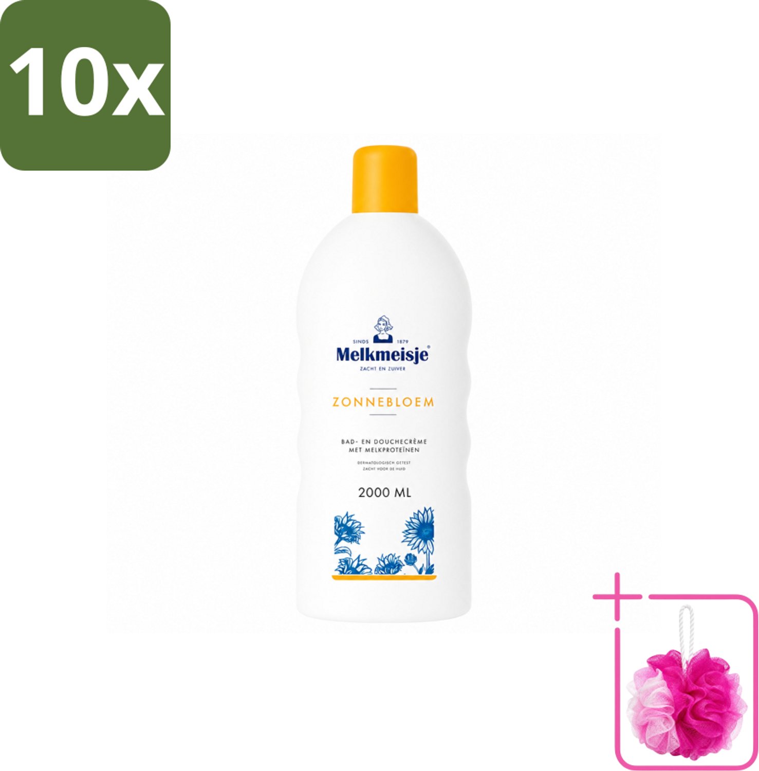 10 x Melkmeisje – Bad & Douchecrème – Zonnebloem – 2000 ml - Bulkverpakking - Bad en douche crème - Douchemop - Zonnebloem en melk