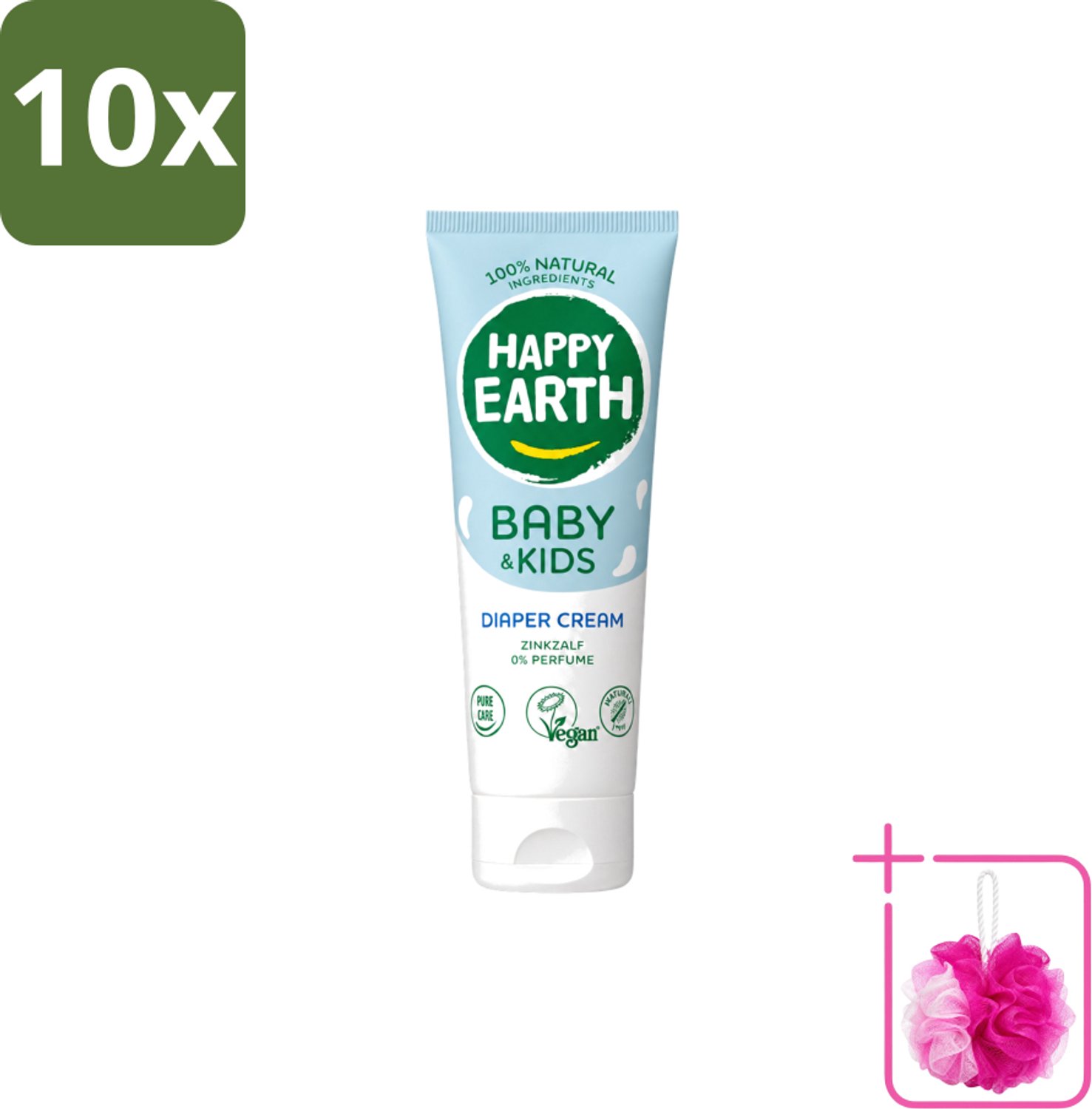 10 x Happy Earth – Diaper Cream – 100% Natuurlijk Baby & Kids – 75 ml - Bulkverpakking - Babybillenbescherming - Douchemop - Luieruitslag voorkomen
