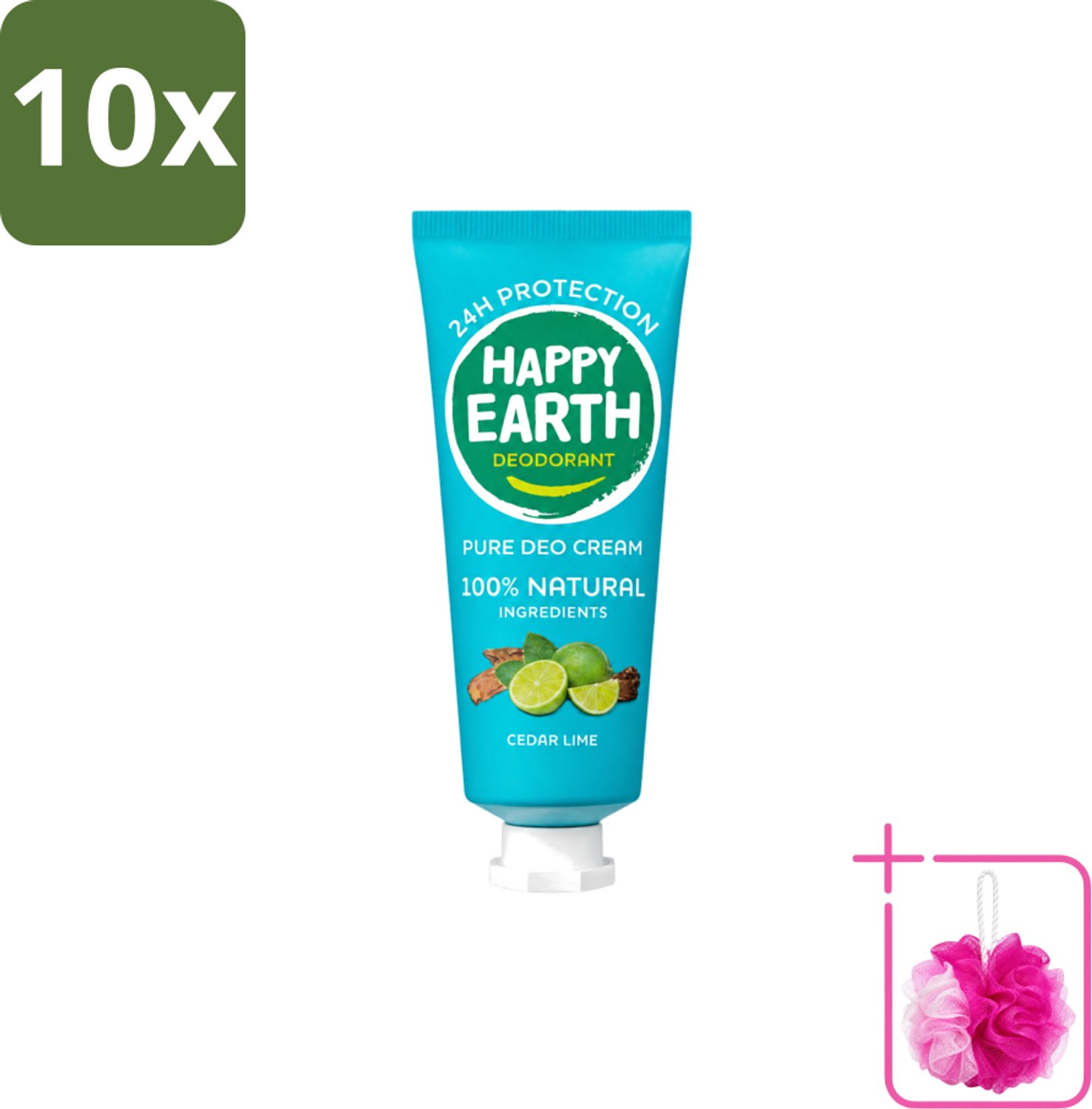10 x Happy Earth – Deodorant Cream – 100% Natuurlijk Cedar Lime – 40 ml - Bulkverpakking - Natuurlijke deodorant - Douchemop - Deodorant crème