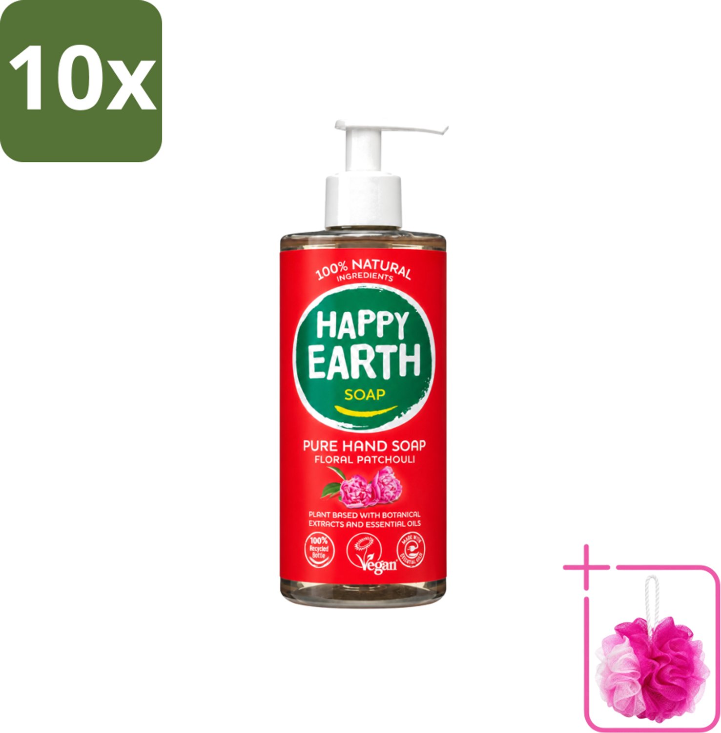 10 x Happy Earth – Handzeep – 100% Natuurlijk Floral Patchouli – 300 ml - Bulkverpakking - Natuurlijke handzeep - Douchemop - Vegan handzeep