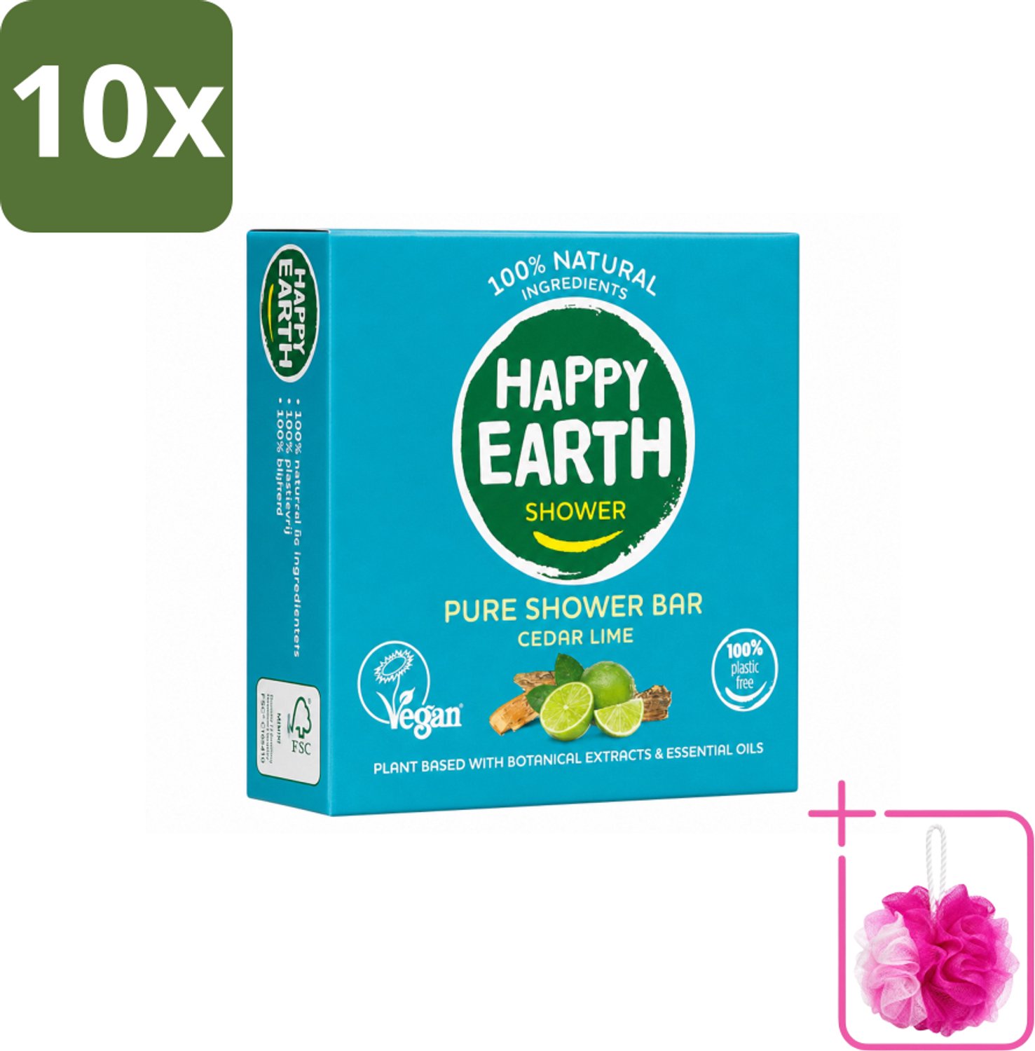 10 x Happy Earth – Shower Bar – 100% Natuurlijk Cedar Lime – 90 g - Bulkverpakking - Douchebar - Douchemop - Natuurlijke douche