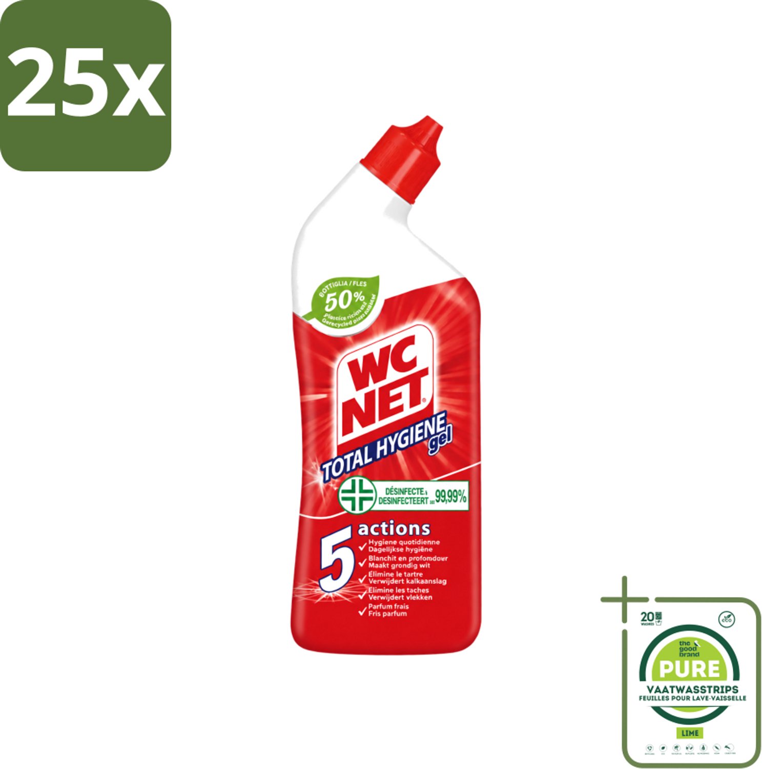 25 x WC Net - Toiletreiniger - Gel - Ontkalkt En Verwijdert Vlekken - 750 ml - Grootverpakking - Vaatwasstrips - WC Net - Toilet Reinigen - Kalk Verwijderen - Toilet Reinigingsgel - Toilet Hygiëne