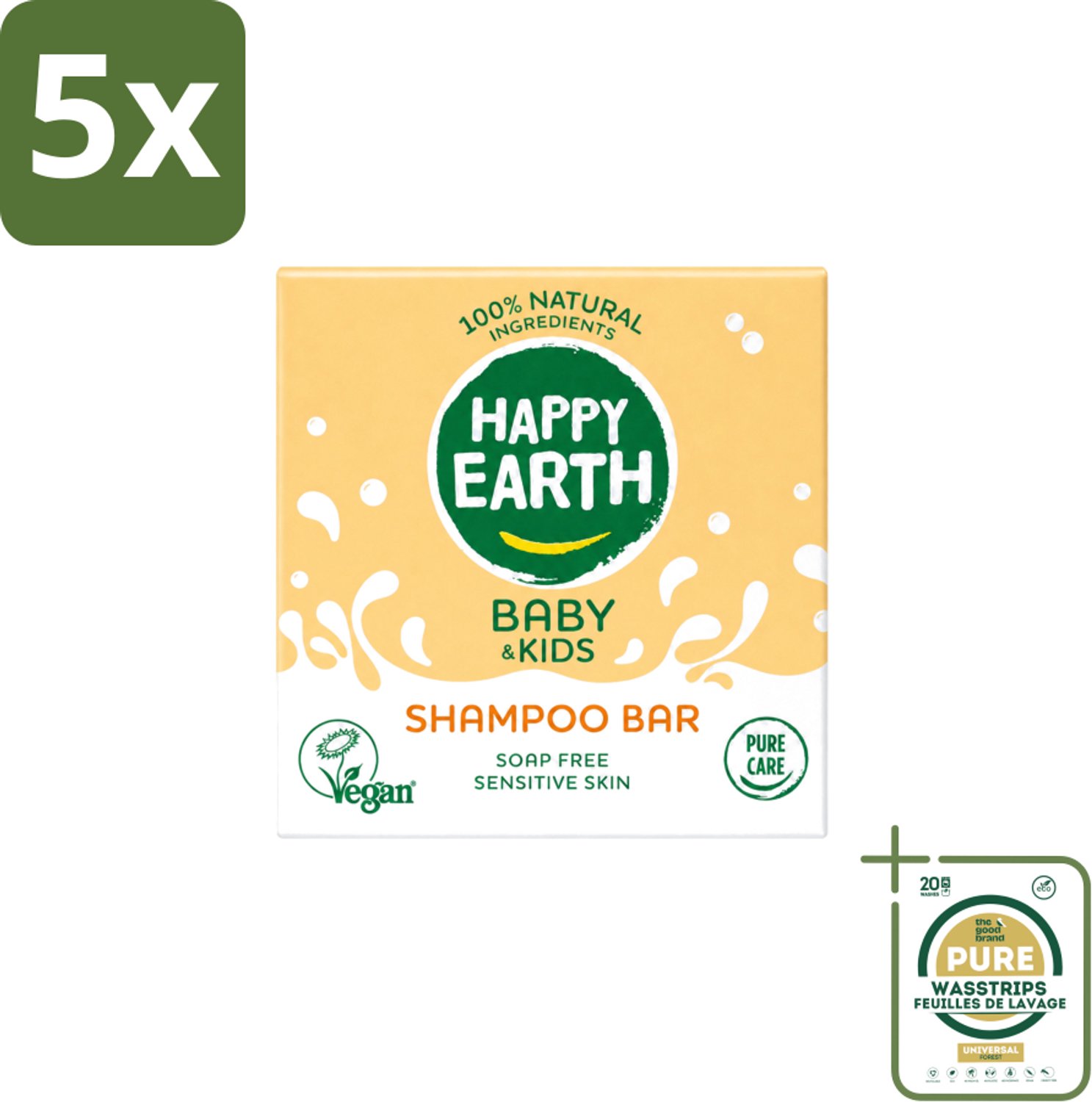 5 x Happy Earth – Shampoo Bar – 100% Natuurlijk Baby & Kids – 50 g - Wasstrips - Baby Shampoo - Natuurlijke Shampoo - Zeepvrije Shampoo - Kinderhuid - Allergeen