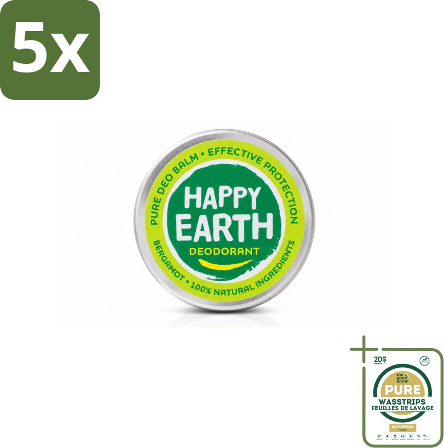 5 x Happy Earth – Deodorant Balm – 100% Natuurlijk Bergamot – 45 g - Wasstrips - Natuurlijke Deodorant - Bergamot Geur - Vegan Deodorant - Huidvriendelijke Deodorant - Anti-geur Balm