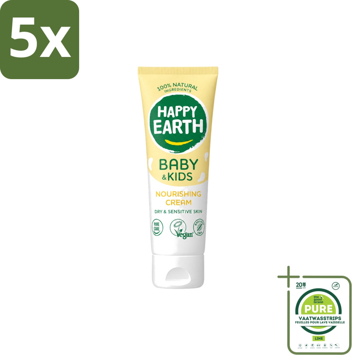 5 x Happy Earth – Nourishing Cream – 100% Natuurlijk Baby & Kids – 75 ml - Grootverpakking - Vaatwasstrips - Natuurlijke Crème - Gevoelige Huid - Baby Crème - Droge Huid - Sheaboter