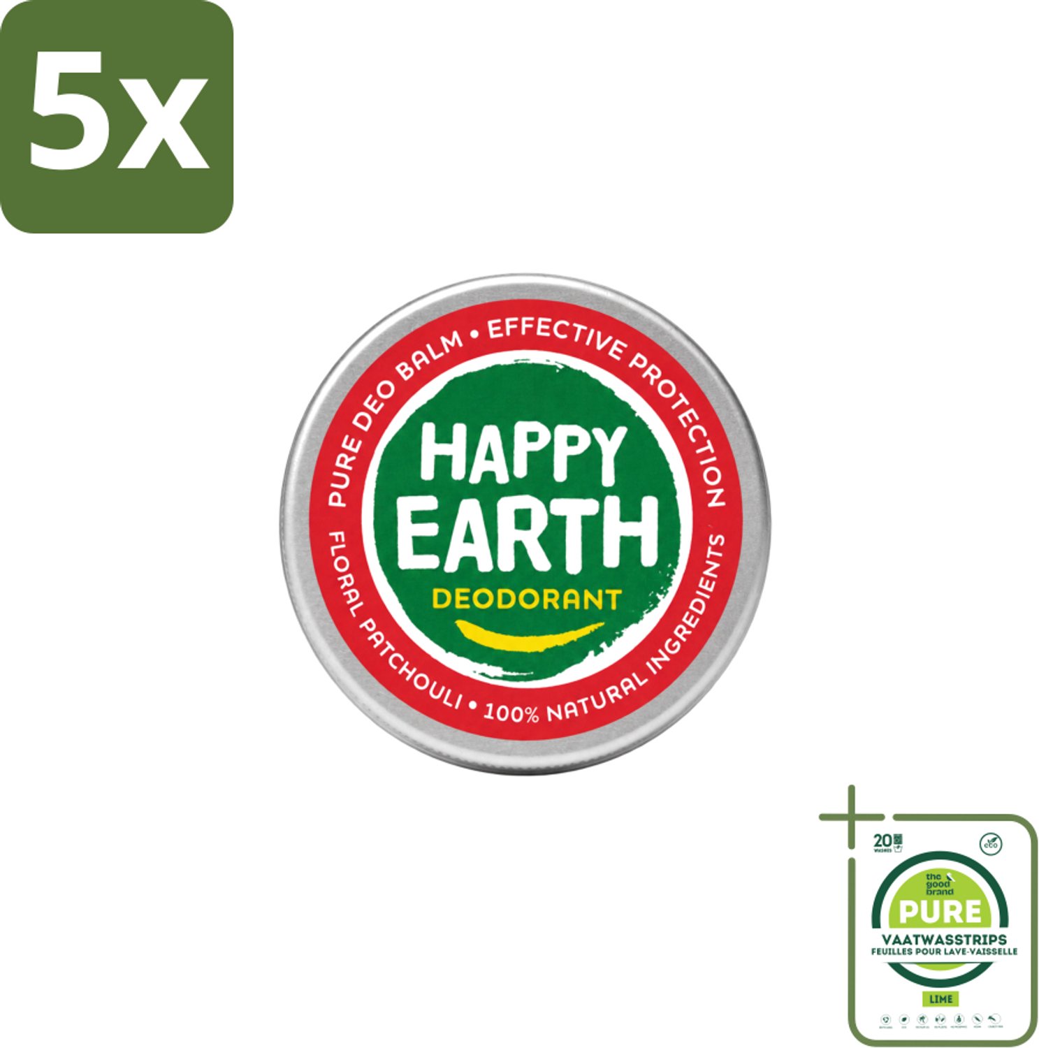 5 x Happy Earth – Deodorant Balm – 100% Natuurlijk Floral Patchouli – 45 g - Grootverpakking - Vaatwasstrips - Deodorant Balm - Natuurlijke Deodorant - Bloemige Geur - Patchouli - Huidvriendelijk