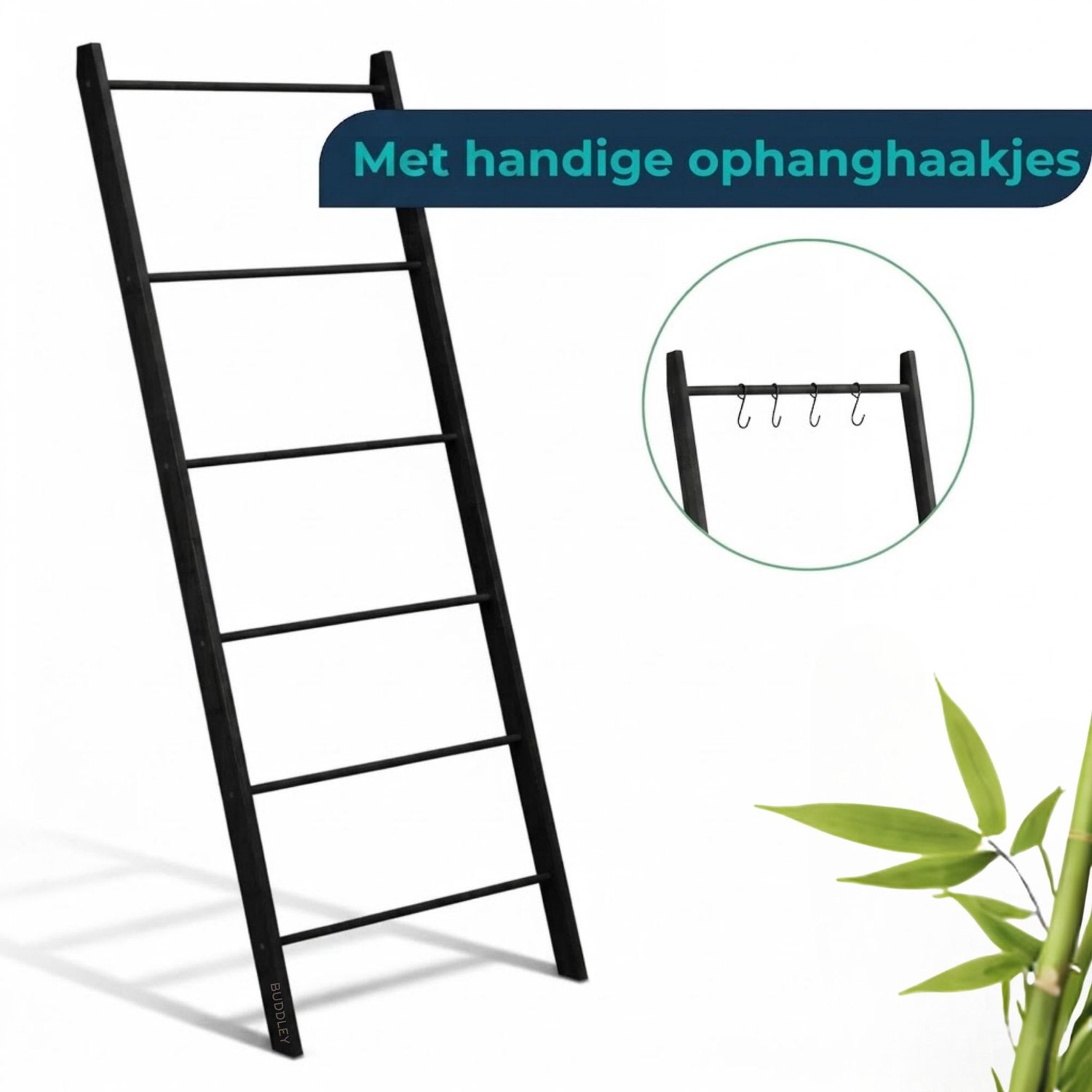 BUDDLEY Handdoekladder Bamboe Zwart - 170 × 53 cm - Handdoekrek Staand zonder Boren met 6 Treden en Haakjes - Ladderrek voor Badkamer, Slaapkamer en Hal