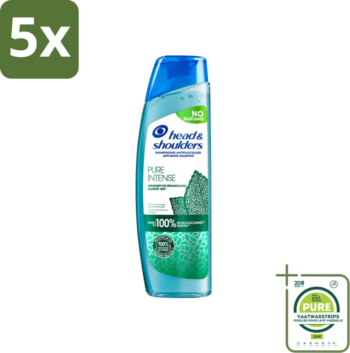5 x Head & Shoulders – Shampoo – Pure Intense Kalmeert Jeuk – 250 ml - Grootverpakking - Vaatwasstrips - Anti-roos Shampoo - Shampoo Bij Jeukende Hoofdhuid - Pepermunt Shampoo - Siliconenvrije Shampoo - Roosvrije Shampoo