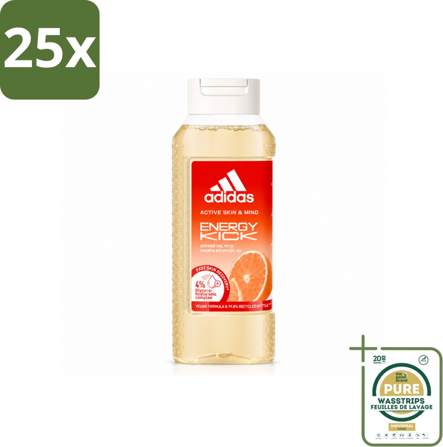25 x Adidas – Douchegel – Active Skin & Mind Energy Kick – 250 ml - Wasstrips - Douchegel - Energie - Sport - Huidverzorging - Activiteit