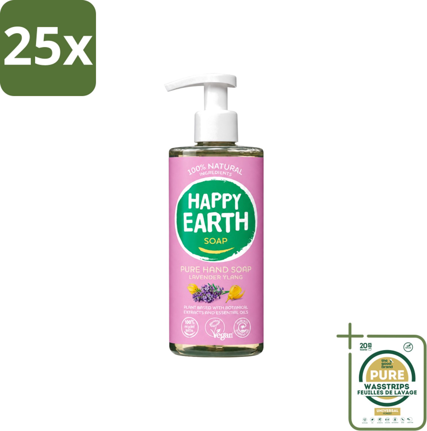 25 x Happy Earth – Handzeep – 100% Natuurlijk Lavender Ylang – 300 ml - Wasstrips - Handzeep - Natuurlijke Handzeep - Vegan Handzeep - Lavendel Handzeep - Ylang Handzeep