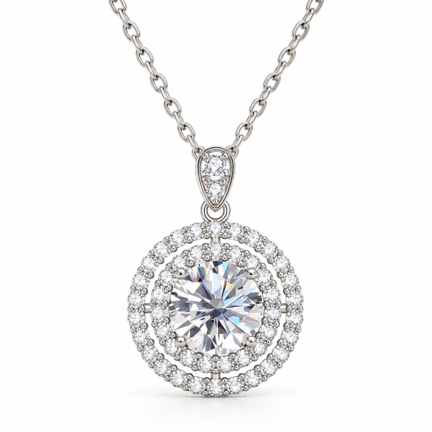 Selevie Ketting Witgoud met Dubbele Halo Moissanite 2 ct – Ronde Hanger – Diamond Look
