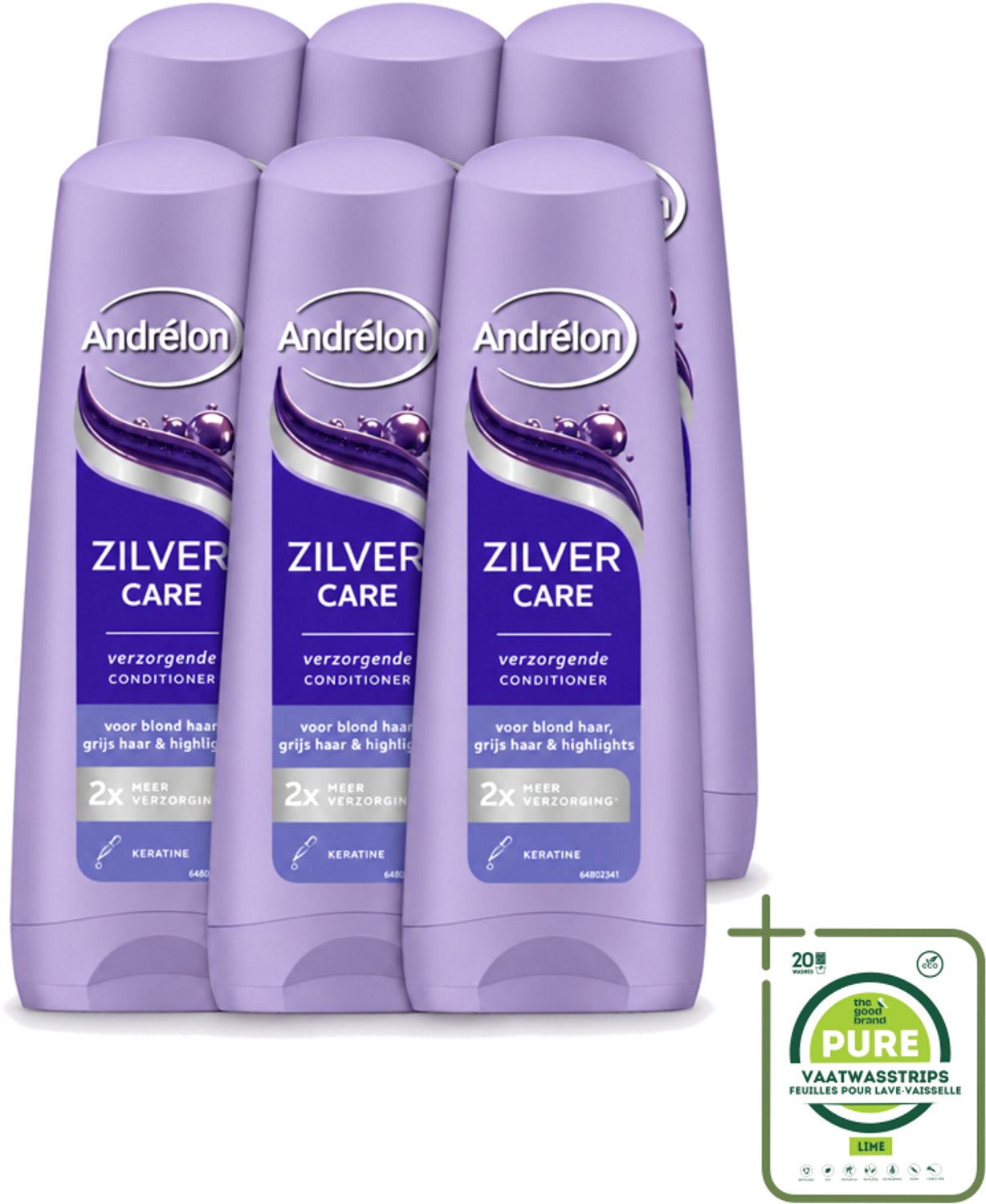 6 x Andrélon – Conditioner – Zilver Care – 200 ml - Grootverpakking - Vaatwasstrips - Blond Haar Verzorging - Grijs Haar Verzorging - Gehighlight Haar - Keratine Conditioner - Haar Herstel