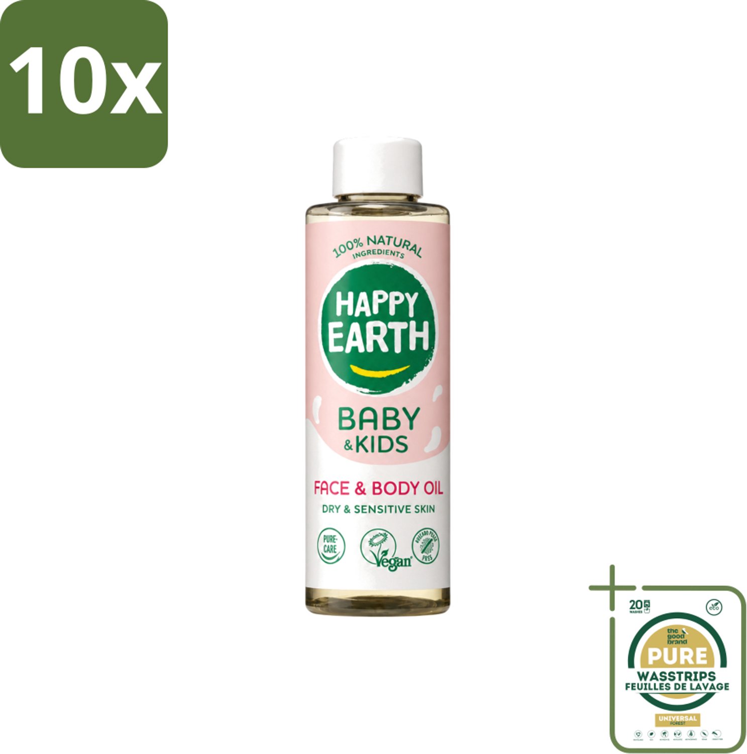 10 x Happy Earth – Face & Body Oil – 100% Natuurlijk Baby & Kids – 150 ml - Wasstrips - Babyolie - Gezichtsolie - Lichaamsoil - Natuurlijke Huidverzorging - Gevoelige Huid