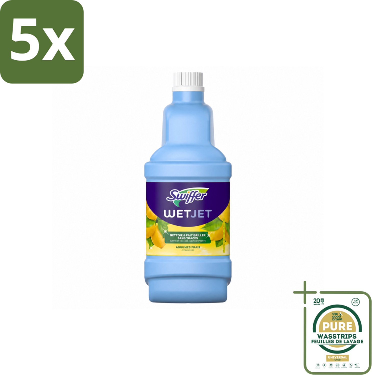 5 x Swiffer - WetJet Reinigingsmiddel – Dweilsysteem Navulling – Alles-in-één – 1,25 L - Wasstrips - Vloerreiniging - Vet En Vlekken Verwijderen - Doekjes Met Vasthoudtechnologie - Spraymop - Alles-in-één Reinigingsset