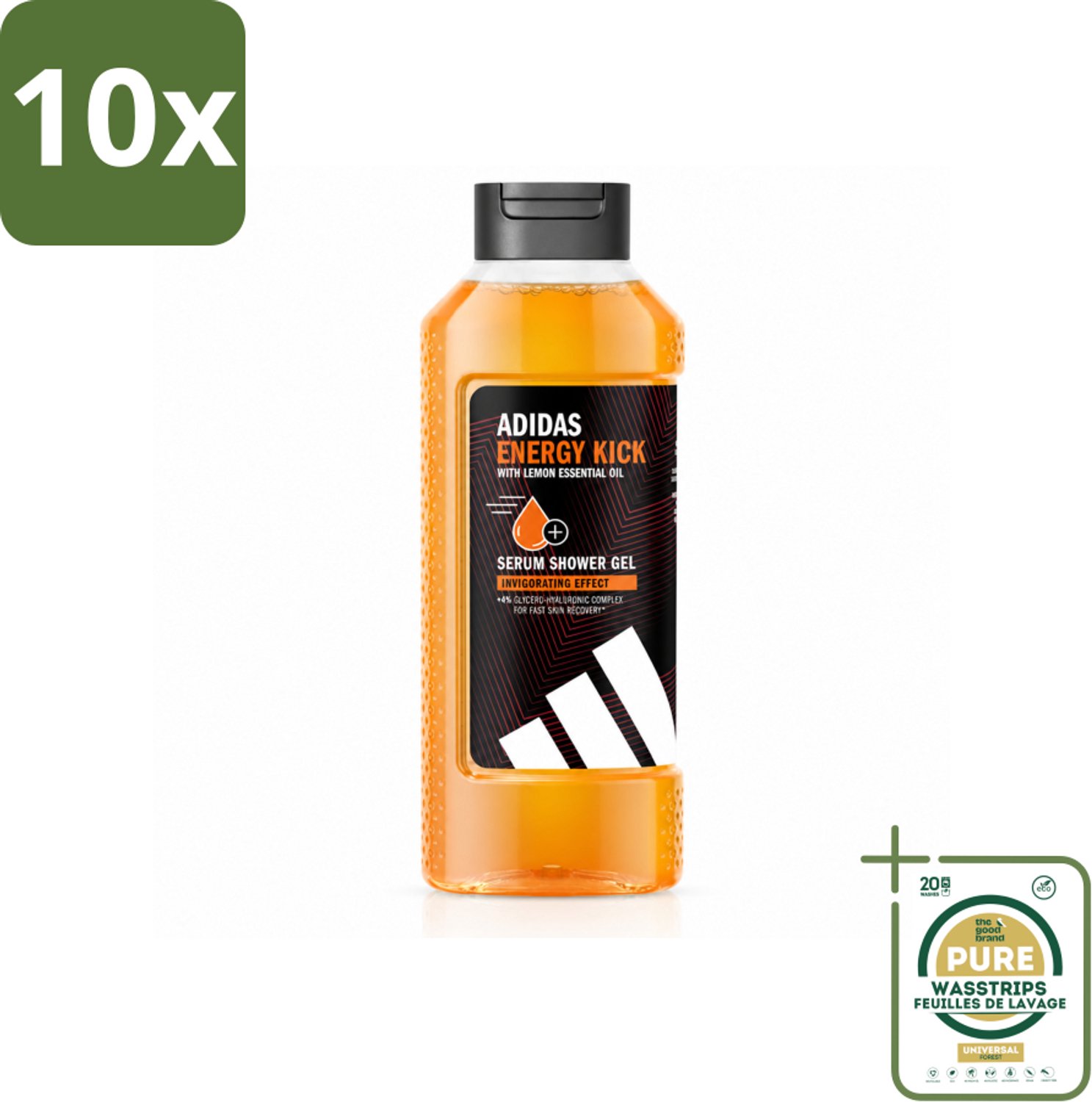 10 x Adidas – Douchegel – Active Skin & Mind Energy Kick – 400 ml - Wasstrips - Douchegel Mannen - Energie Voor Huid En Geest - Citroenolie Douchegel - Hydraterende Douchegel - Vegan Douchegel