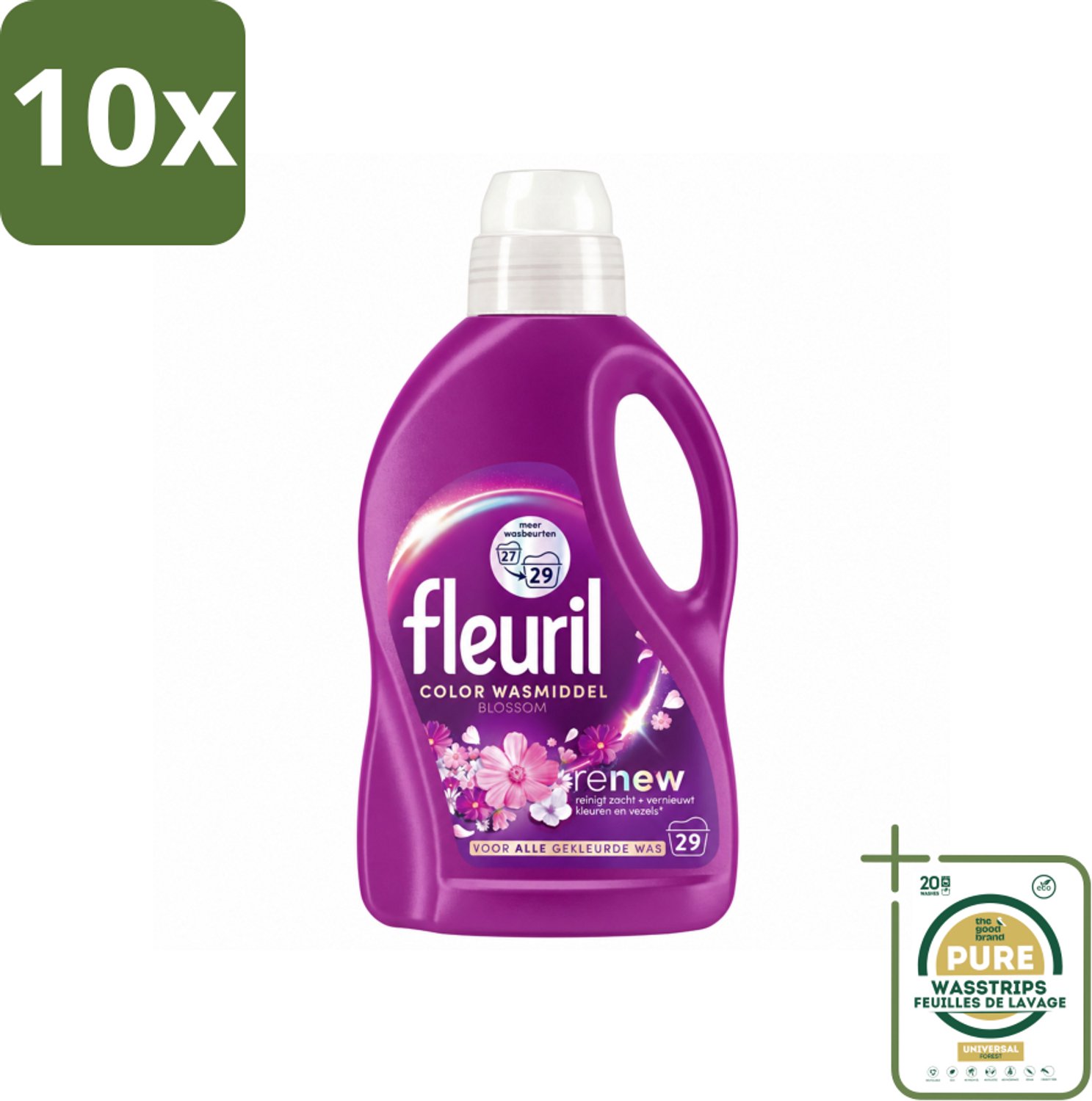 10 x Fleuril – Wasmiddel - Color Blossom – 29 wasbeurten – 1,305 L - Wasstrips - Kleurbehoud - Wasmiddel Voor Gekleurde Kleding - Bloesemgeur - Wasmiddel Voor Gekleurde Stoffen - Anti-verkleuring