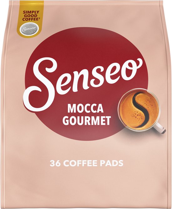 Vooraanzicht van de roze Senseo Mocca Gourmet koffiezak, 36 pads, met een kopje koffie en Senseo logo.