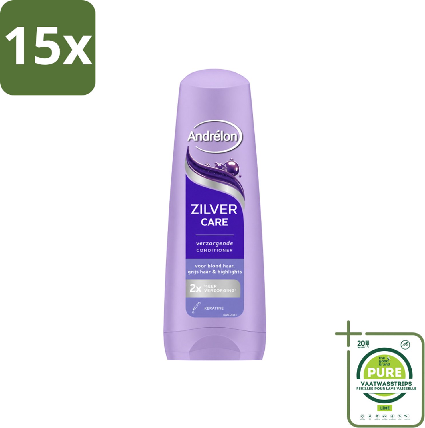 15 x Andrélon – Conditioner – Zilver Care – 200 ml - Grootverpakking - Vaatwasstrips - Blond Haar Verzorging - Grijs Haar Verzorging - Gehighlight Haar - Keratine Conditioner - Haar Herstel