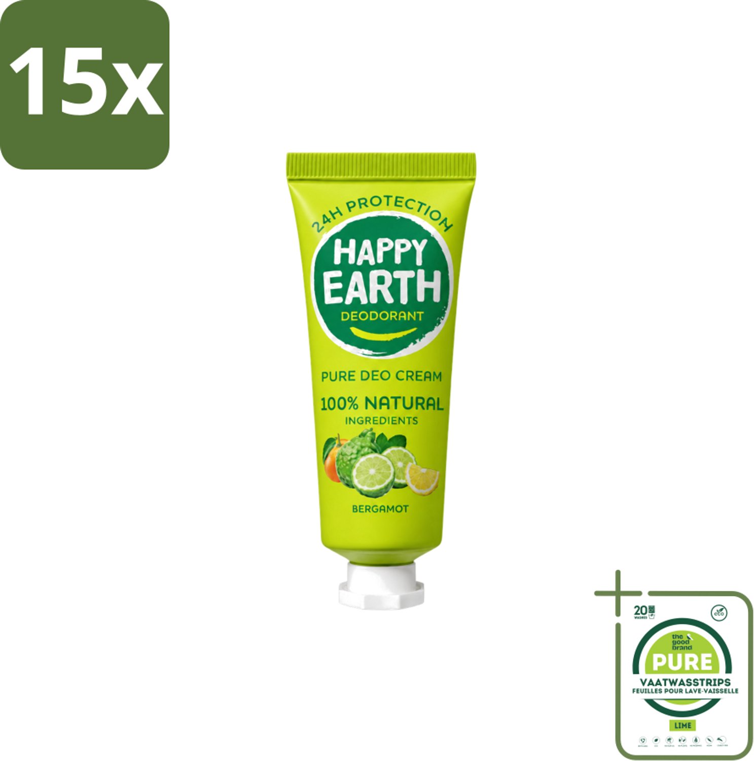 15 x Happy Earth – Deodorant Cream – 100% Natuurlijk Bergamot – 40 ml - Grootverpakking - Vaatwasstrips - Natuurlijke Deodorant - Bergamot Deodorant - Aluminiumvrije Deodorant - Vegan Deodorant - Huidvriendelijke Deodorant