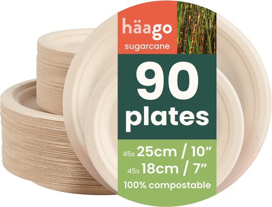 Pile d'assiettes en canne à sucre beige avec étiquette : 90 assiettes, 45 de 25 cm et 45 de 18 cm, 100% compostables.