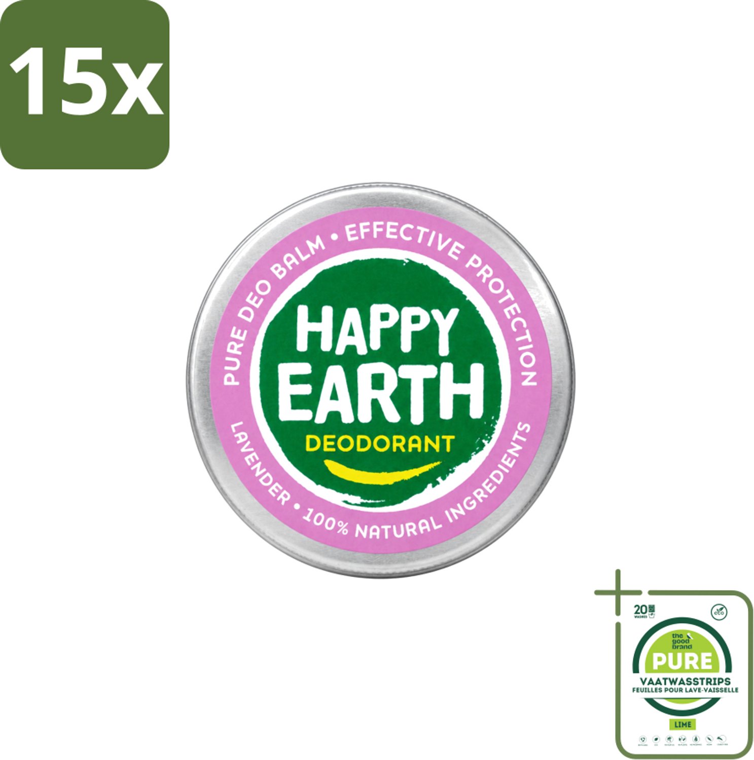 15 x Happy Earth – Deodorant Balm – 100% Natuurlijk Lavender – 45 g - Grootverpakking - Vaatwasstrips - Natuurlijke Deodorant - Frisse Geur - Lavendel - Huidvriendelijk - Aluminiumvrij