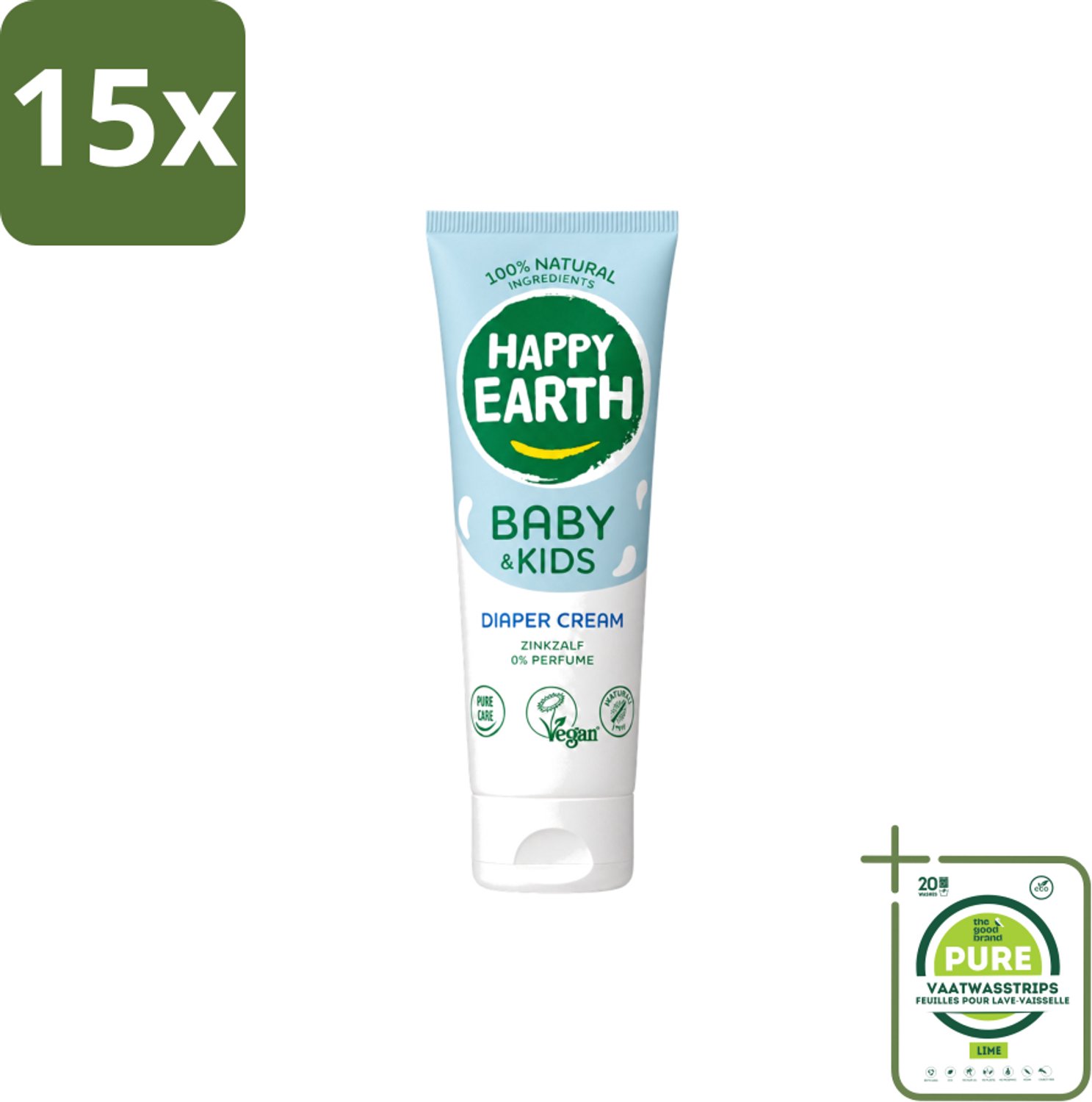 15 x Happy Earth – Diaper Cream – 100% Natuurlijk Baby & Kids – 75 ml - Grootverpakking - Vaatwasstrips - Babybillenbescherming - Luieruitslag Voorkomen - Zachte Babyhuid - Zinkoxide Crème - Natuurrustende Crème