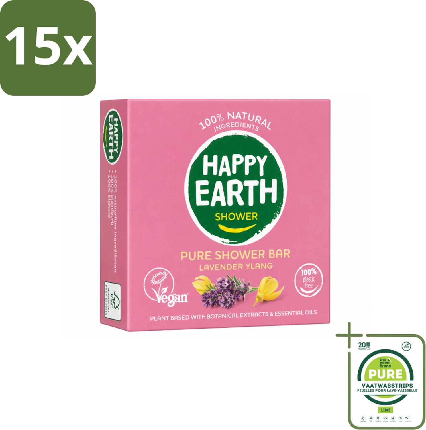 15 x Happy Earth – Shower Bar – 100% Natuurlijk Lavender Ylang – 90 g - Grootverpakking - Vaatwasstrips - Douchegel - Natuurlijke Douchegel - Lavendel - Ylang-ylang - Sheaboter