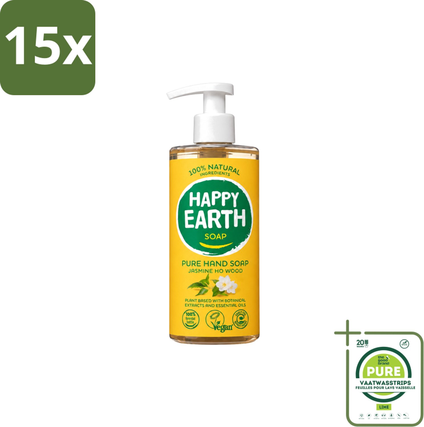 15 x Happy Earth – Handzeep – 100% Natuurlijk Jasmine Ho Wood – 300 ml - Grootverpakking - Vaatwasstrips - Natuurlijke Handzeep - Vegan Handzeep - Jasmijn Handzeep - Ho Wood Handzeep - Antibacteriële Handzeep