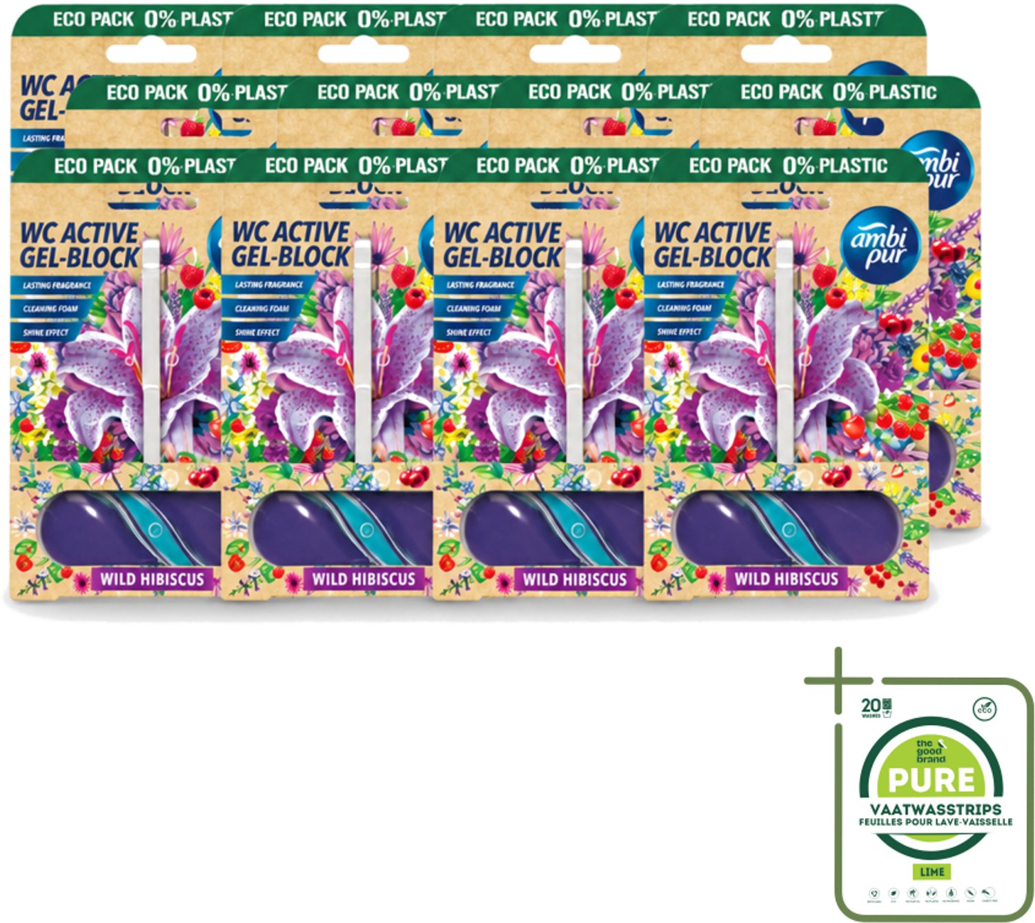 12 x Ambi Pur – Toiletblok – Wild Hibiscus – 45 g - Grootverpakking - Vaatwasstrips - Toiletblok - Fris Toilet - Geur Toilet - Kalkaanslag Voorkomen - Toilet Reinigen