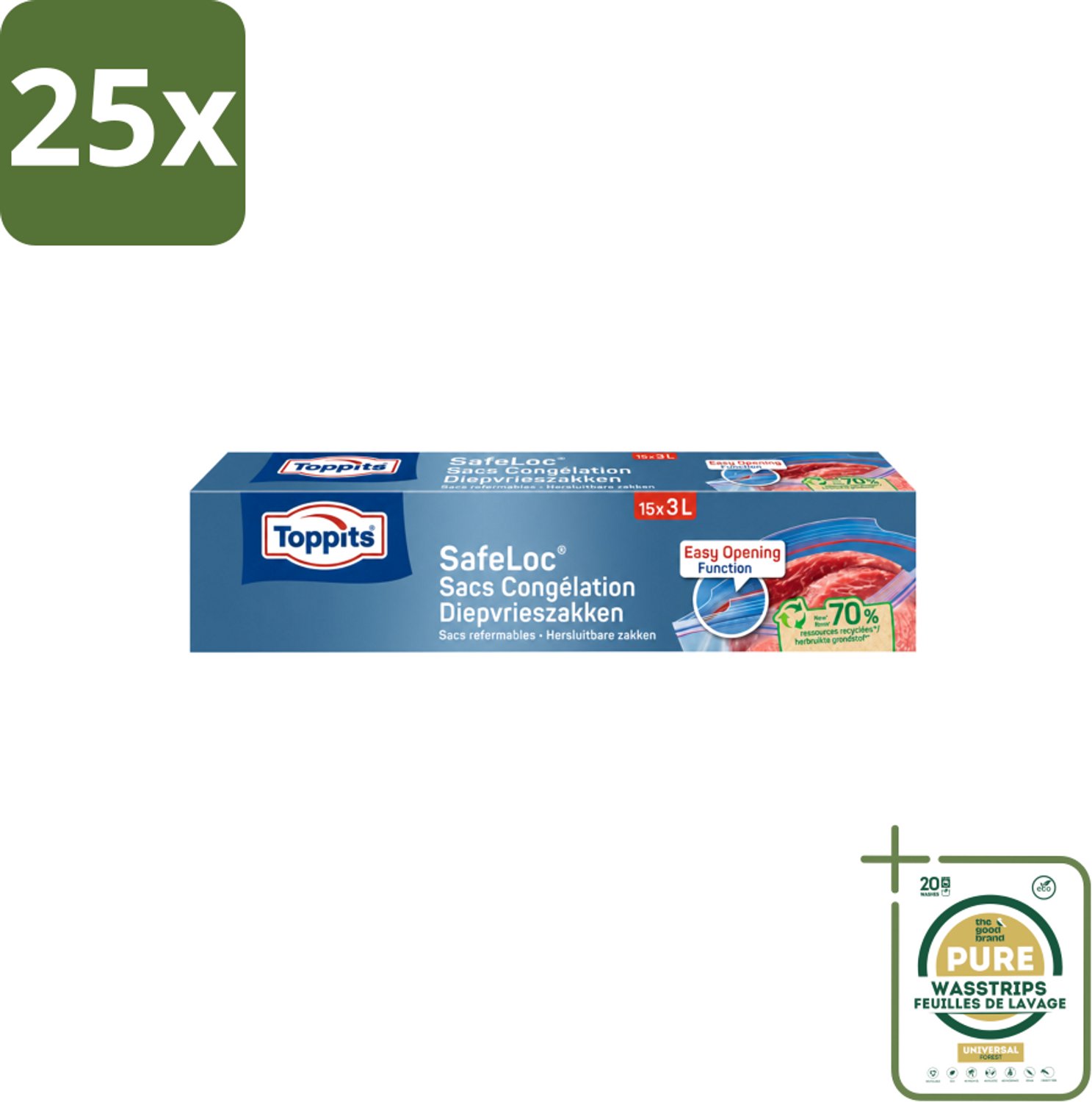 25 x Toppits – Safeloc Zip-Diepvrieszakken – 3 Liter – 15 Zakjes - Wasstrips - Diepvrieszakken - Dubbele Sluiting - Voedselbescherming - Herbruikbaar - Vriesbrand