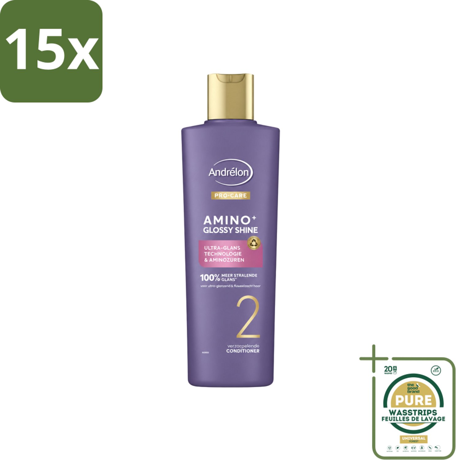 15 x Andrélon – Conditioner – Pro Care Amino+ Glossy Shine – 250 ml - Wasstrips - Haarverzorging - Glans - Aminozuren - Haarconditioner - Zijdezacht Haar