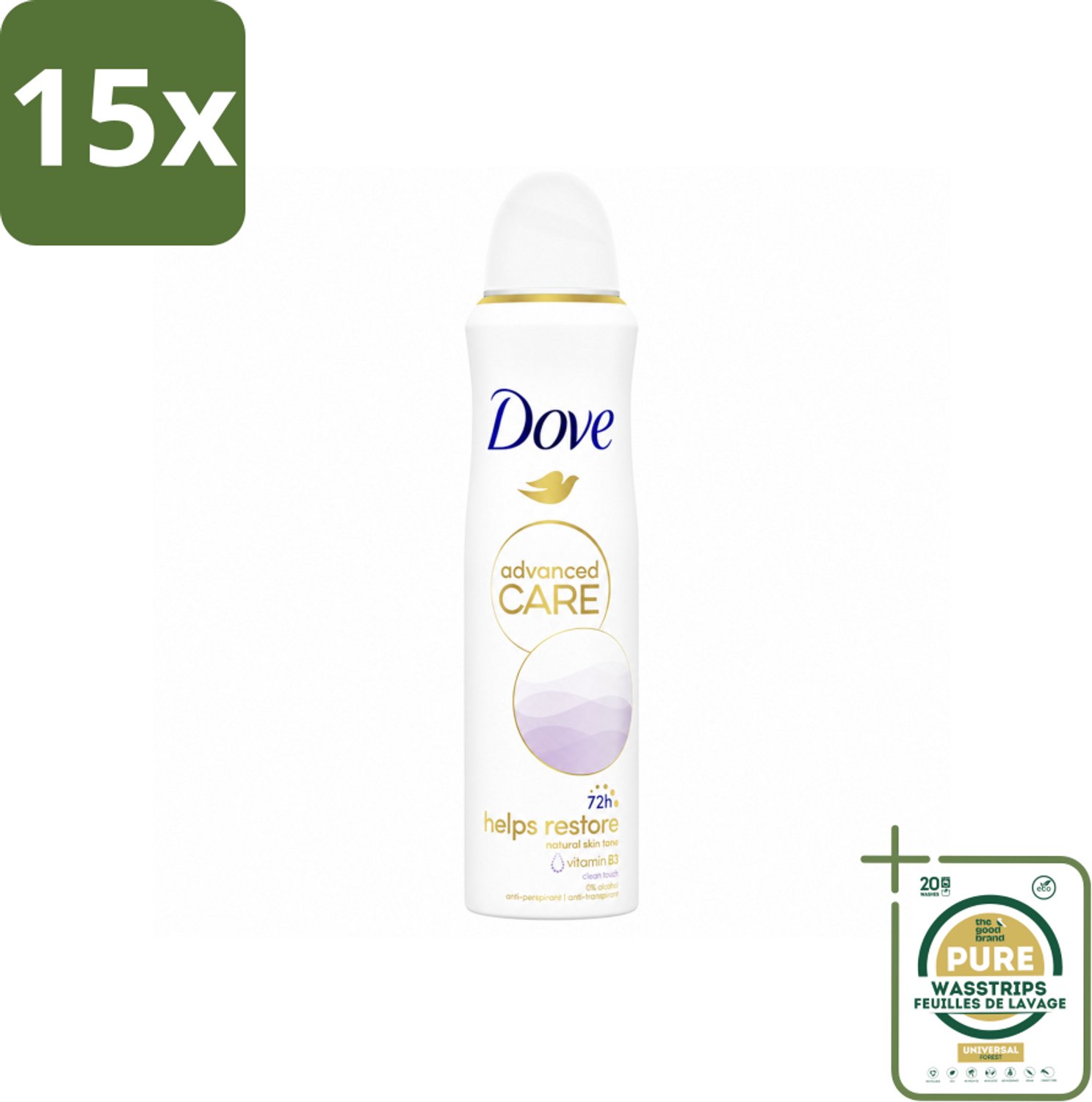 15 x Dove – Deodorant Spray – Clean Touch – 150 ml - Wasstrips - Anti-transpirant Spray - Zweetvermindering - Geurvermindering - Huidbescherming - Frisse Geur
