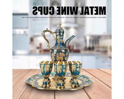 Tnfeeon Turkse theeset - Vintage metalen pot met 6 kopjes - Zinklegering - Set met pot, kopjes en dienblad (Gouden