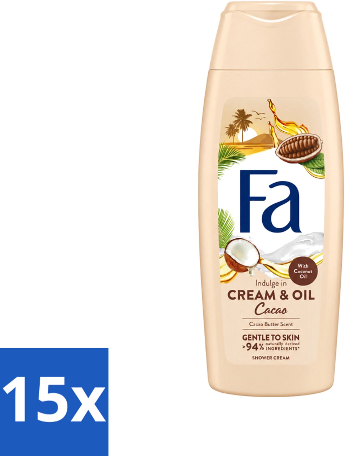 15 x Fa - Cream & Oil Cacao - Douchecrème - Cacaoboter Met Kokosolie - 250 ml - Voordeelverpakking - 15 stuks
