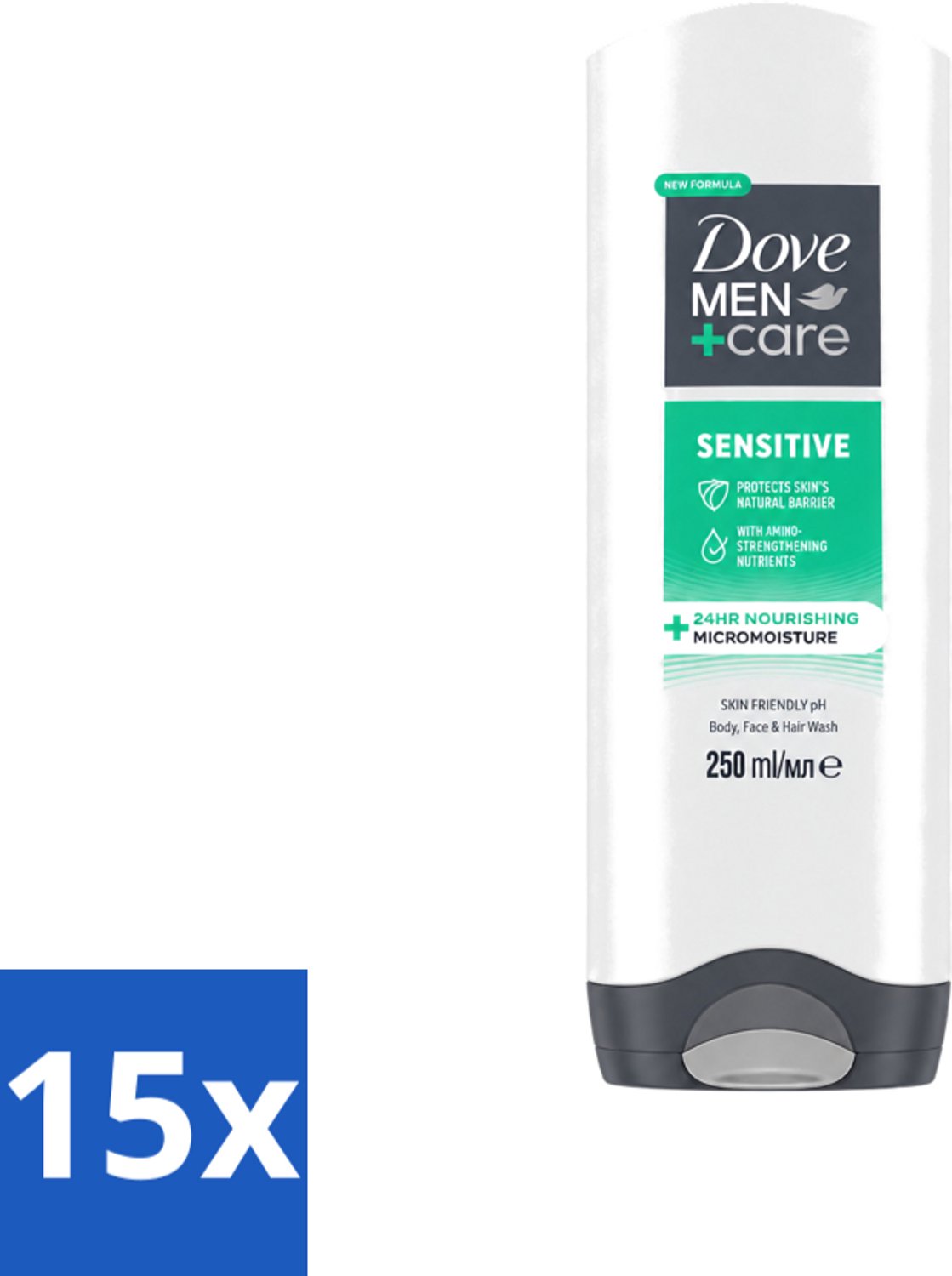 15 x Dove Men+Care - Sensitive - Douchegel 3-in-1 - Verzorgend - 250 ml - Voordeelverpakking - 15 stuks