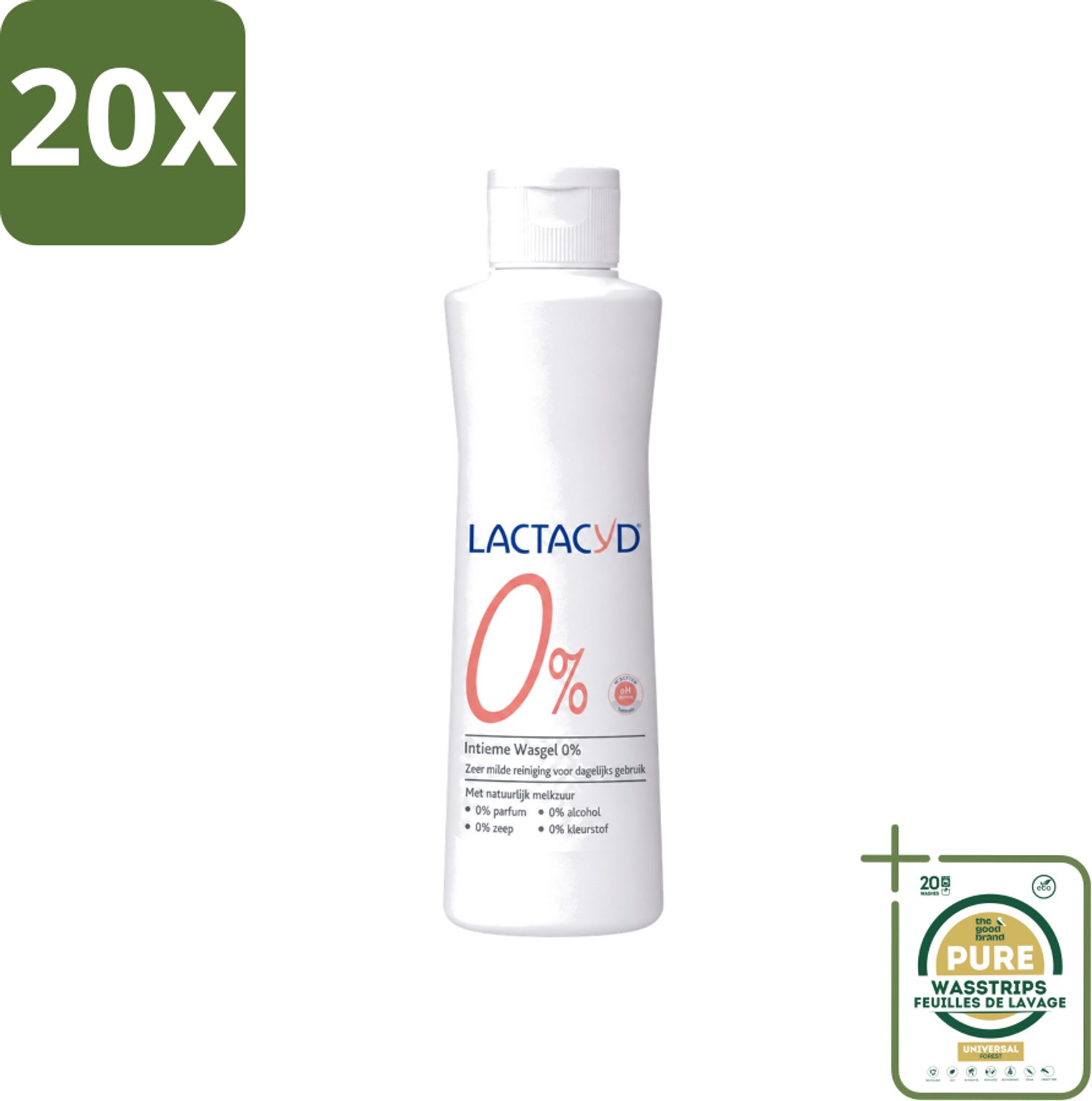 20 x Lactacyd – 0% – Milde Wasgel – 250 ml - Wasstrips - Intieme Wasgel - Gevoelige Huid - PH-vriendelijk - Zeepvrij - 0% Parfum