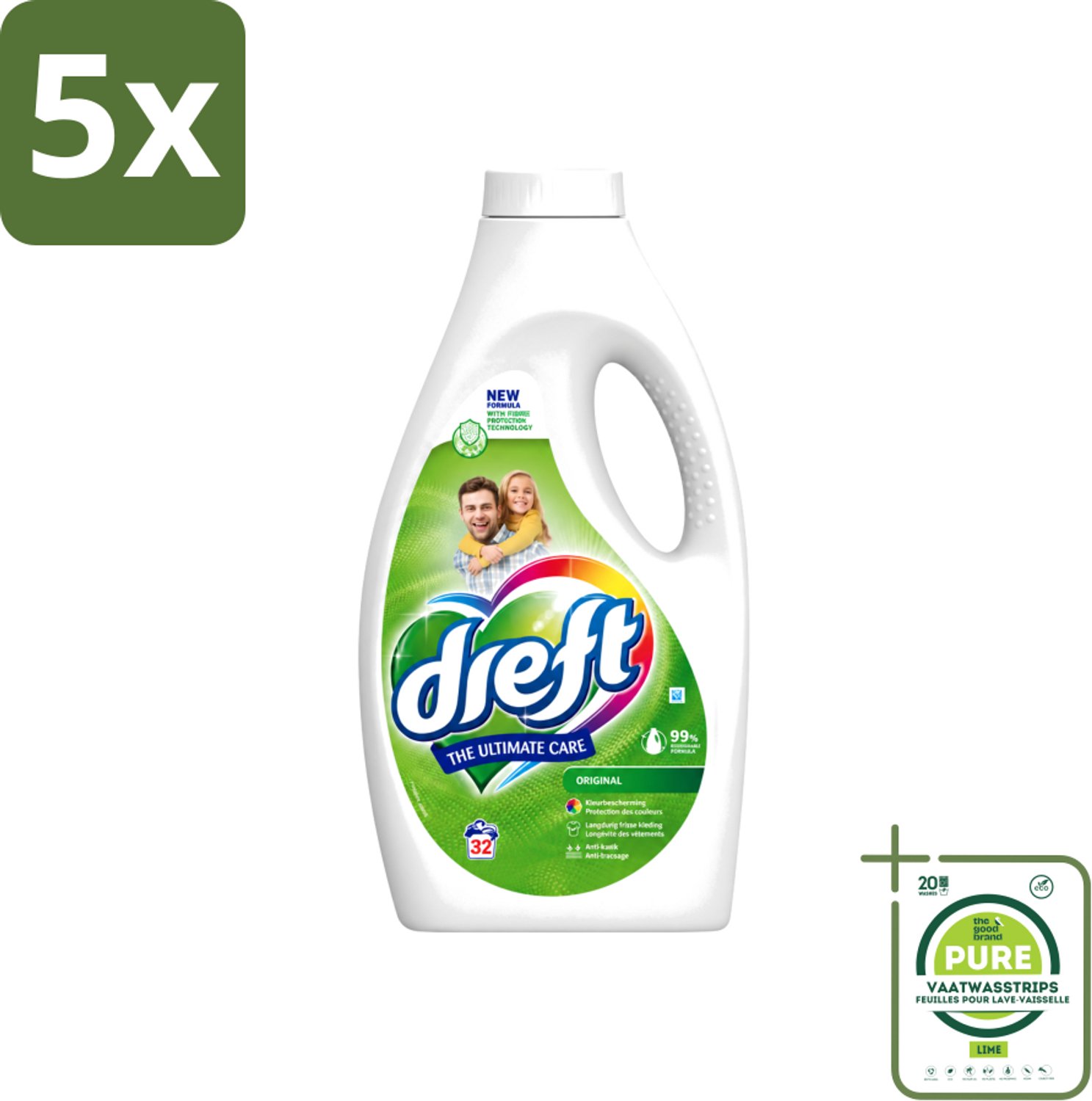 5 x Dreft - Ultimate Care - Vloeibaar Wasmiddel - Gekleurde Was - Original - 32 Wasbeurten - Grootverpakking - Vaatwasstrips - Kleurbeveiliging - Vloeibaar Wasmiddel - Gekleurde Was - Frisse Geur - Wasmiddel Origineel