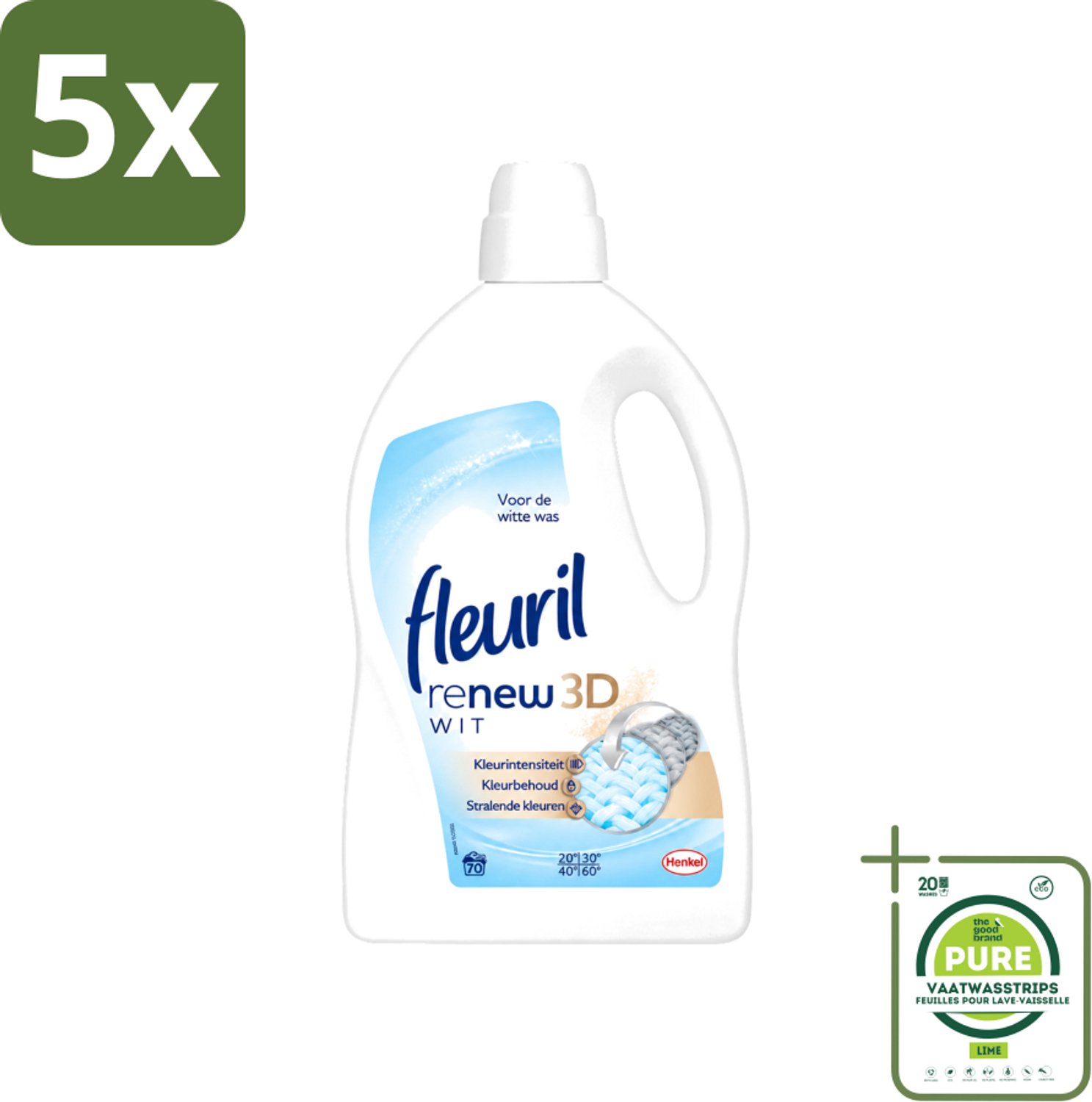 5 x Fleuril - Renew 3D - Vloeibaar Wasmiddel - Witte Was - 70 Wasbeurten - Grootverpakking - Vaatwasstrips - Wasmiddel Witte Was - Witte Was - Wasbeurt - Wasmiddel 3D - Kleurbehoud