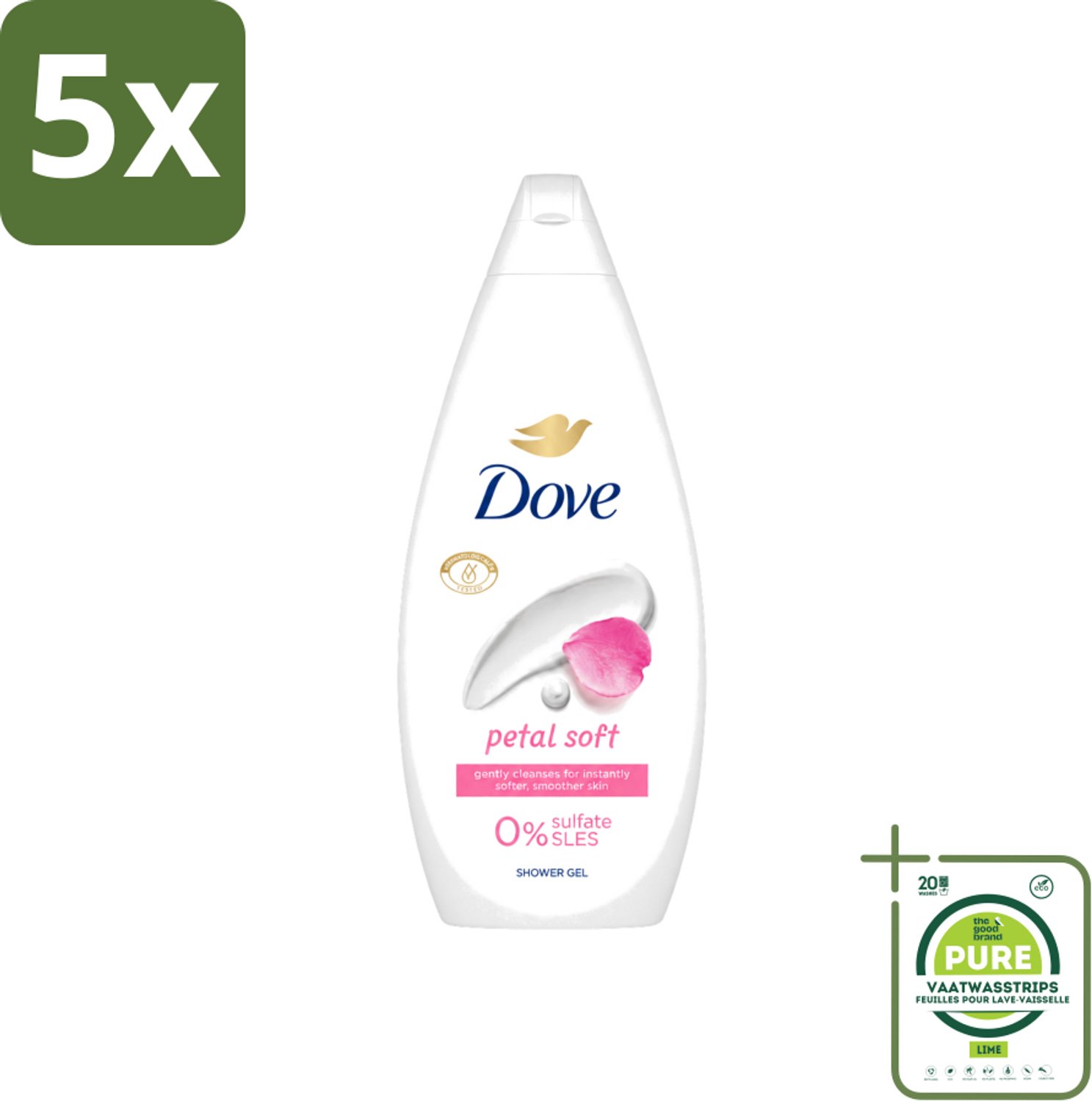 5 x Dove Petal Soft - Douchegel - Sulfaatvrij - 250 ml - Grootverpakking - Vaatwasstrips - Douchegele - Zachte Reiniging - Hydratatie - Bloemige Geur - Sulfaatvrije