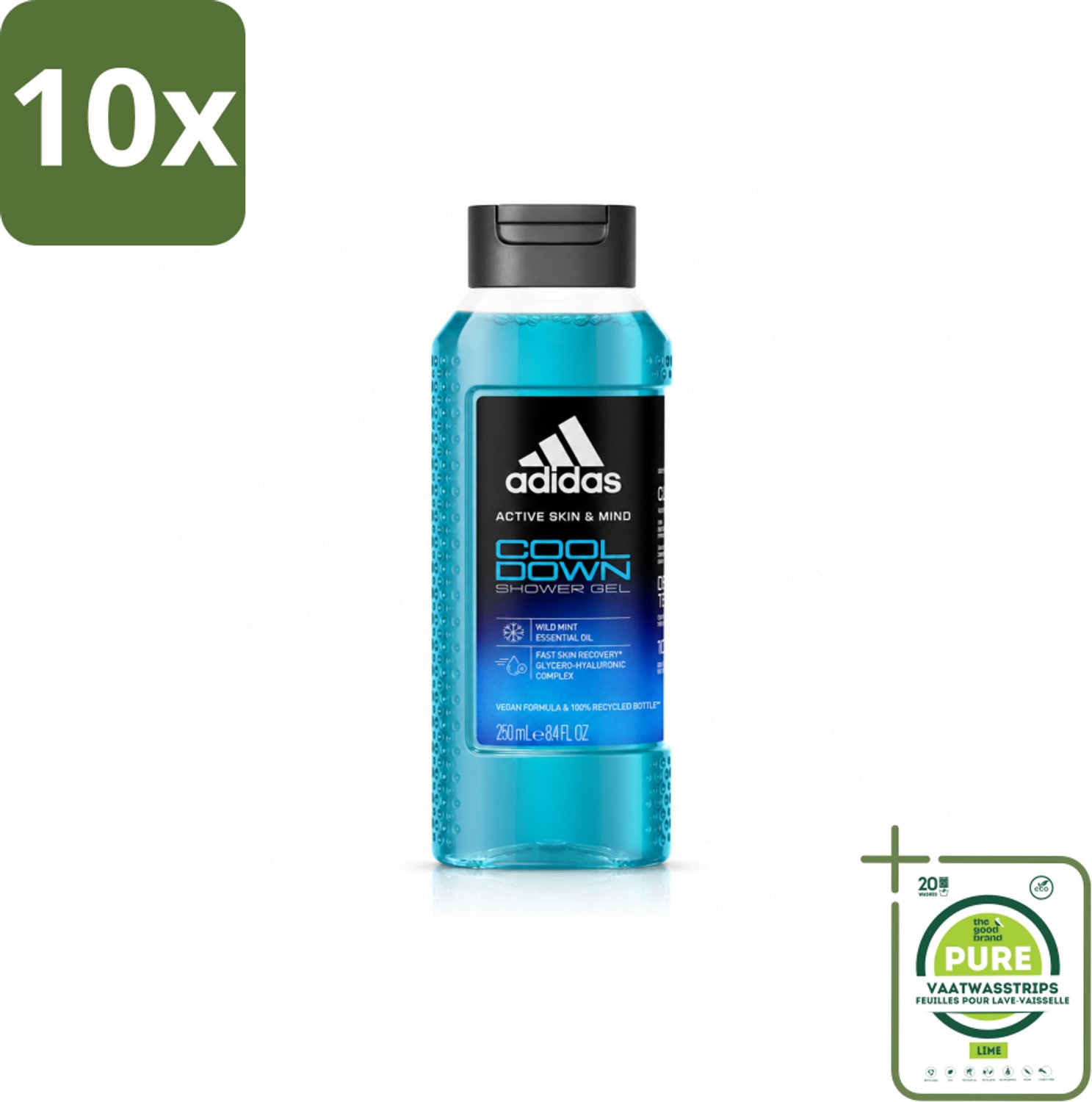 10 x Adidas – Douchegel – Active Skin & Mind Cool Down – 250 ml - Grootverpakking - Vaatwasstrips - Douchegel - Verkoeling - Menthol - Wilde Munt - Hydratatie