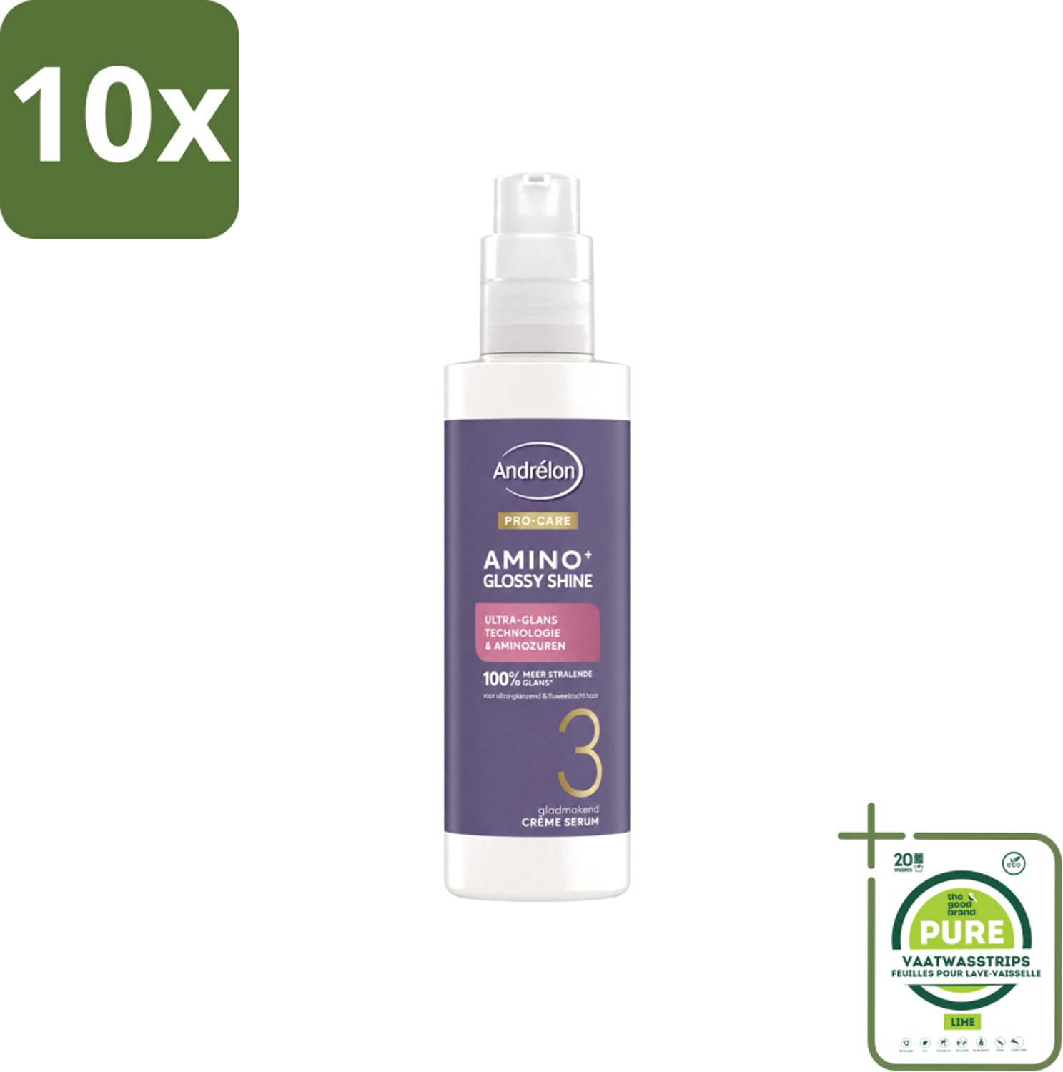 10 x Andrélon – Crème Serum – Pro Care Amino+ Glossy Shine – 200 ml - Grootverpakking - Vaatwasstrips - Glans Haar - Glad Haar - Stralend Haar - Aminozuren Haar - Haar Verzorging